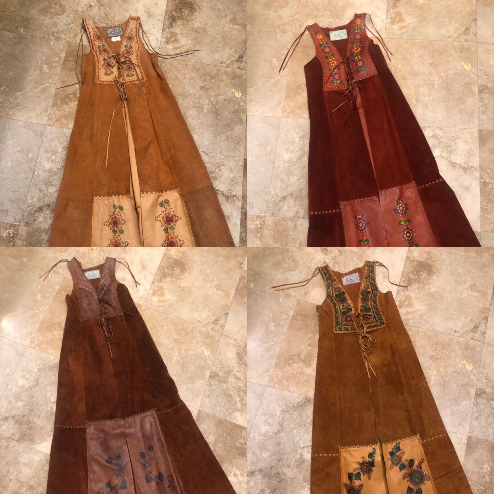 Vintage 70s Char Leather Vest Jacket Duster Hand Painted Whipstitched Hippy Boho