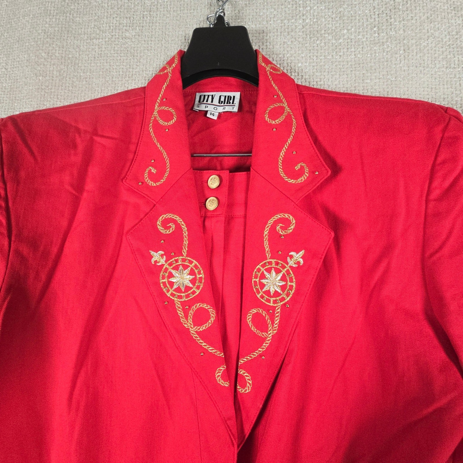 City Girl Sport Vintage Red Gold Embroidery Skirt Suit Set Blazer 14 Skirt 16