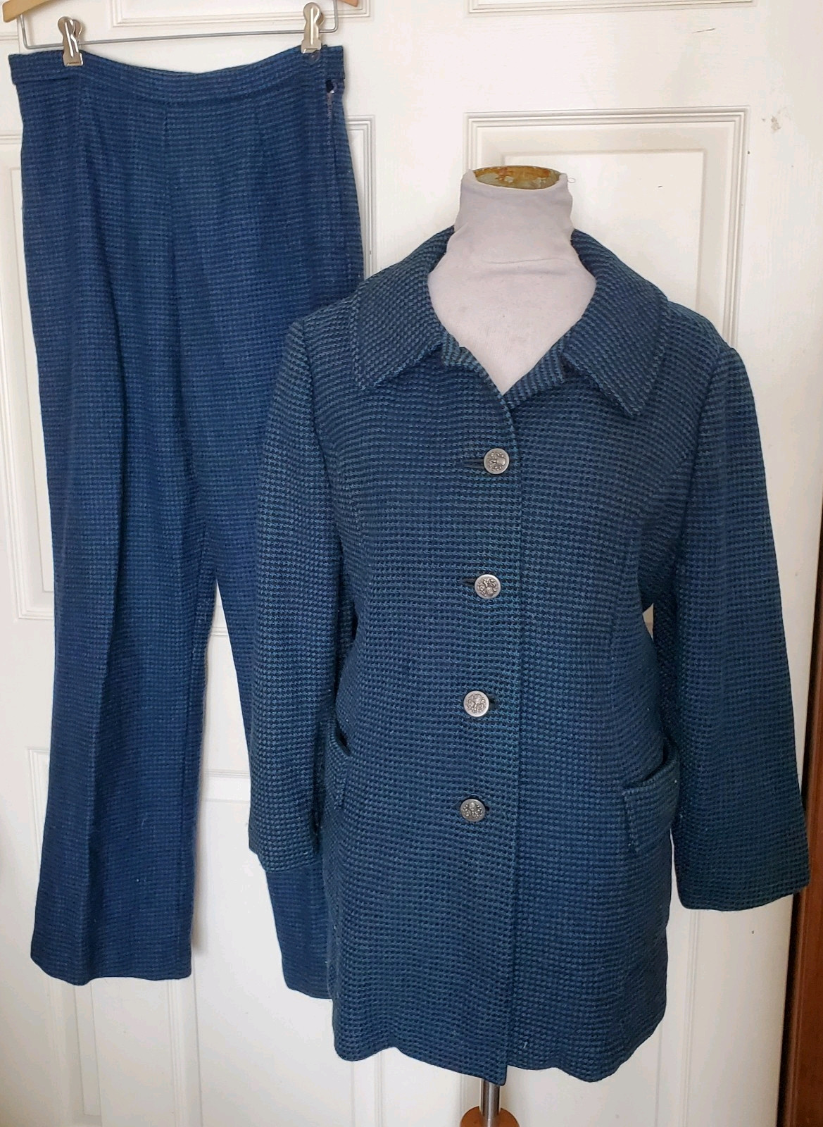 Vintage 50s Black Blue Wool Hounds Tooth Check Pant Suit B44 Waist 30 ***