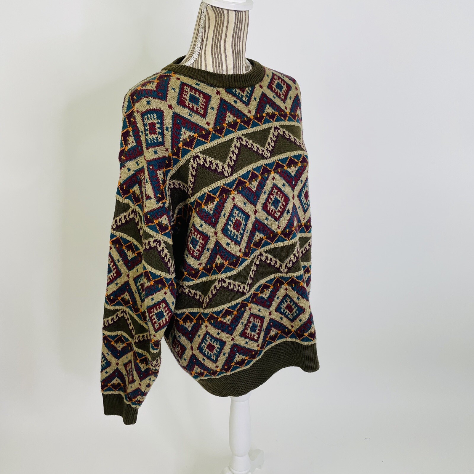 Vintage Claiborne Psychedelic Argyle Hip Hop Colorful Crew Pullover Sweater Med