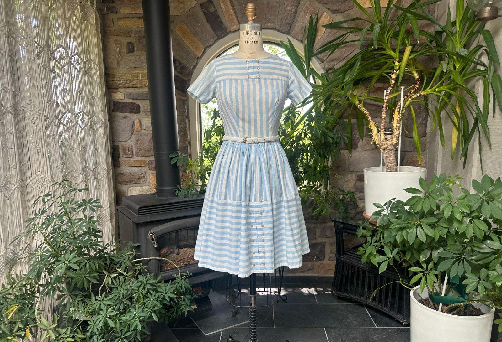 Vintage 1950s Blue and White Striped Cotton Summer Dress