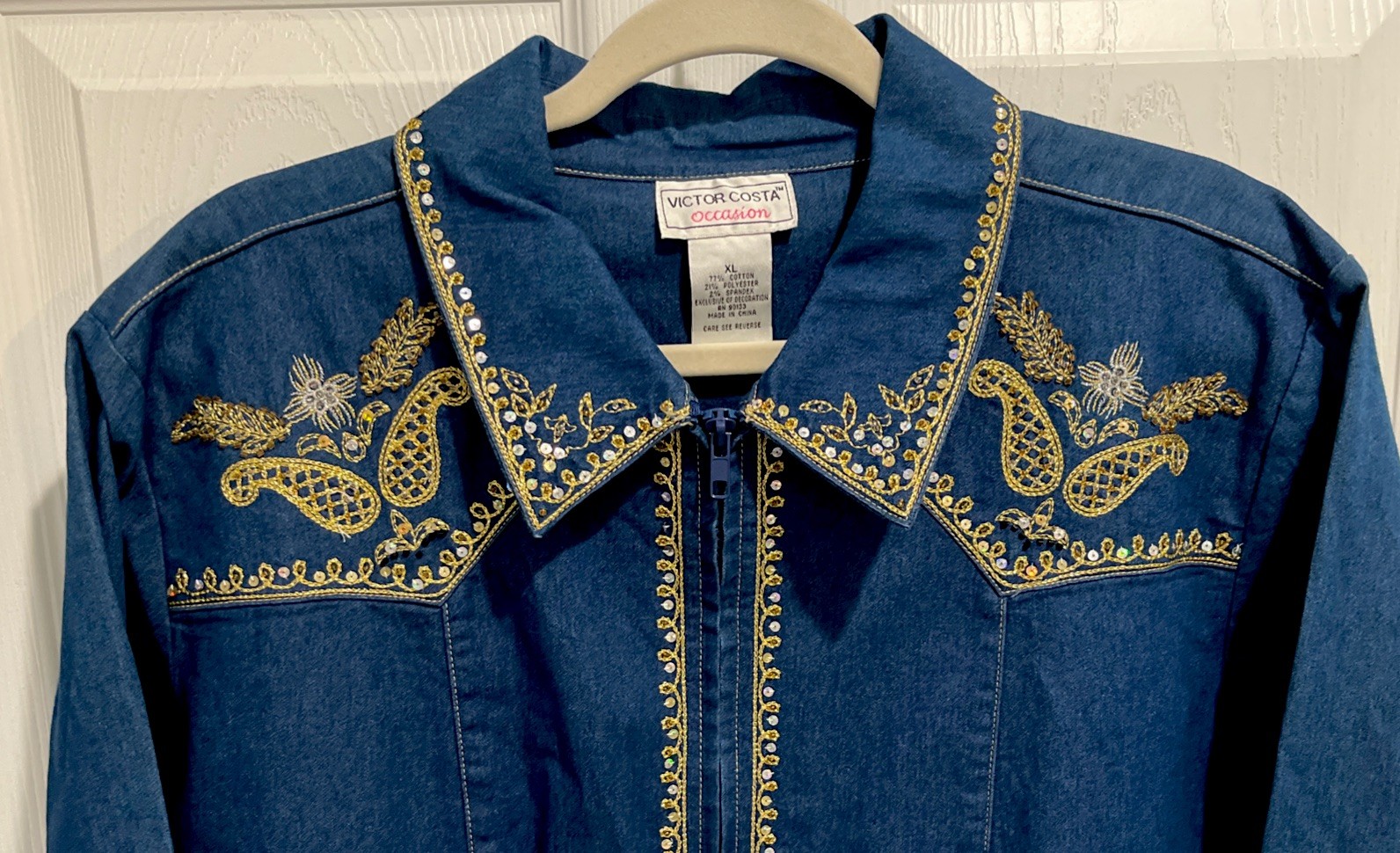 Victor Costa Occasion Vintage 1990s Jacket XL Blue Denim Embroidery Sequins NEW!