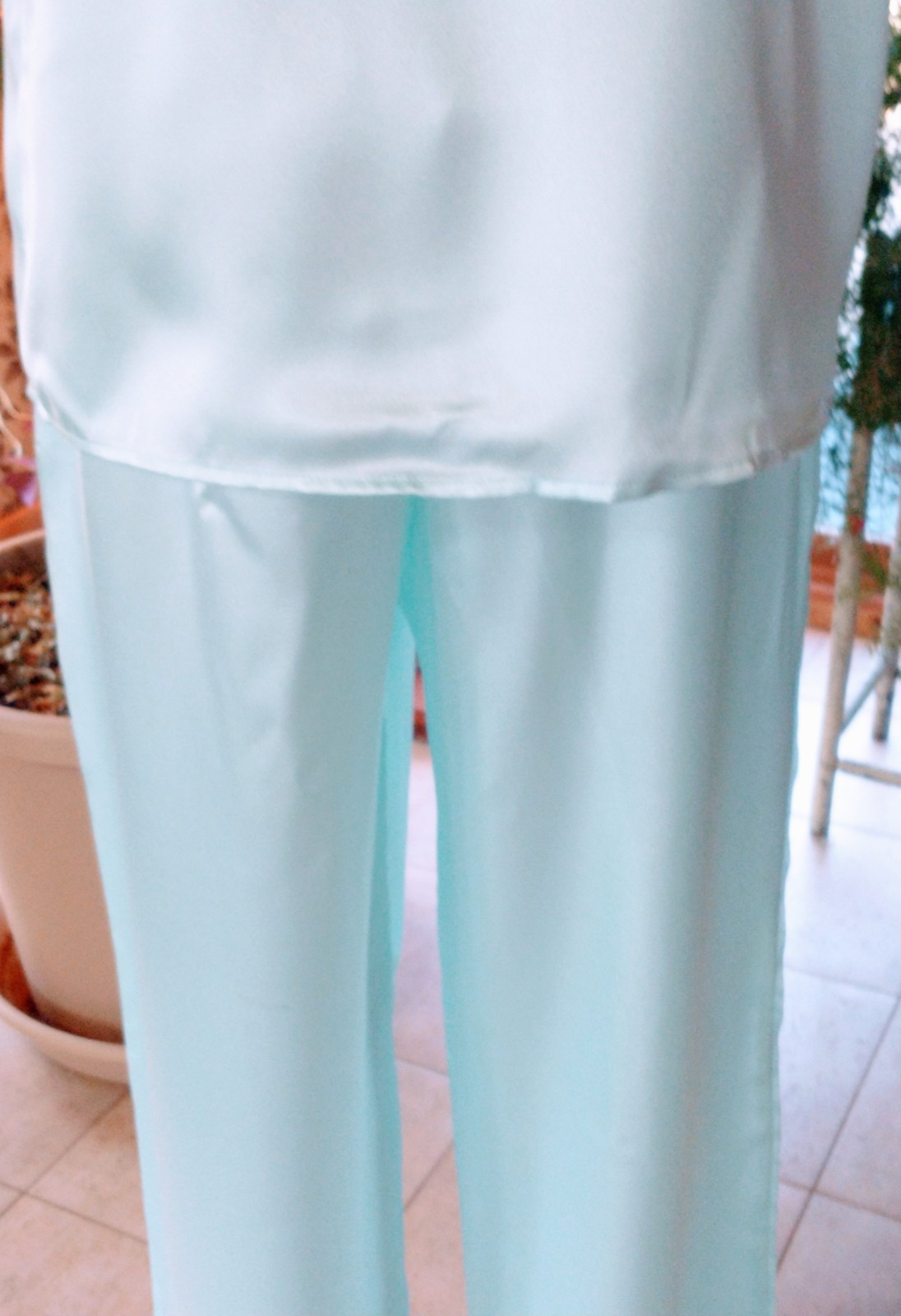 Vintage Adonna Pajama Set Pale Aqua Short Sleeve w Pocket Satin Poly Sz LG NWT