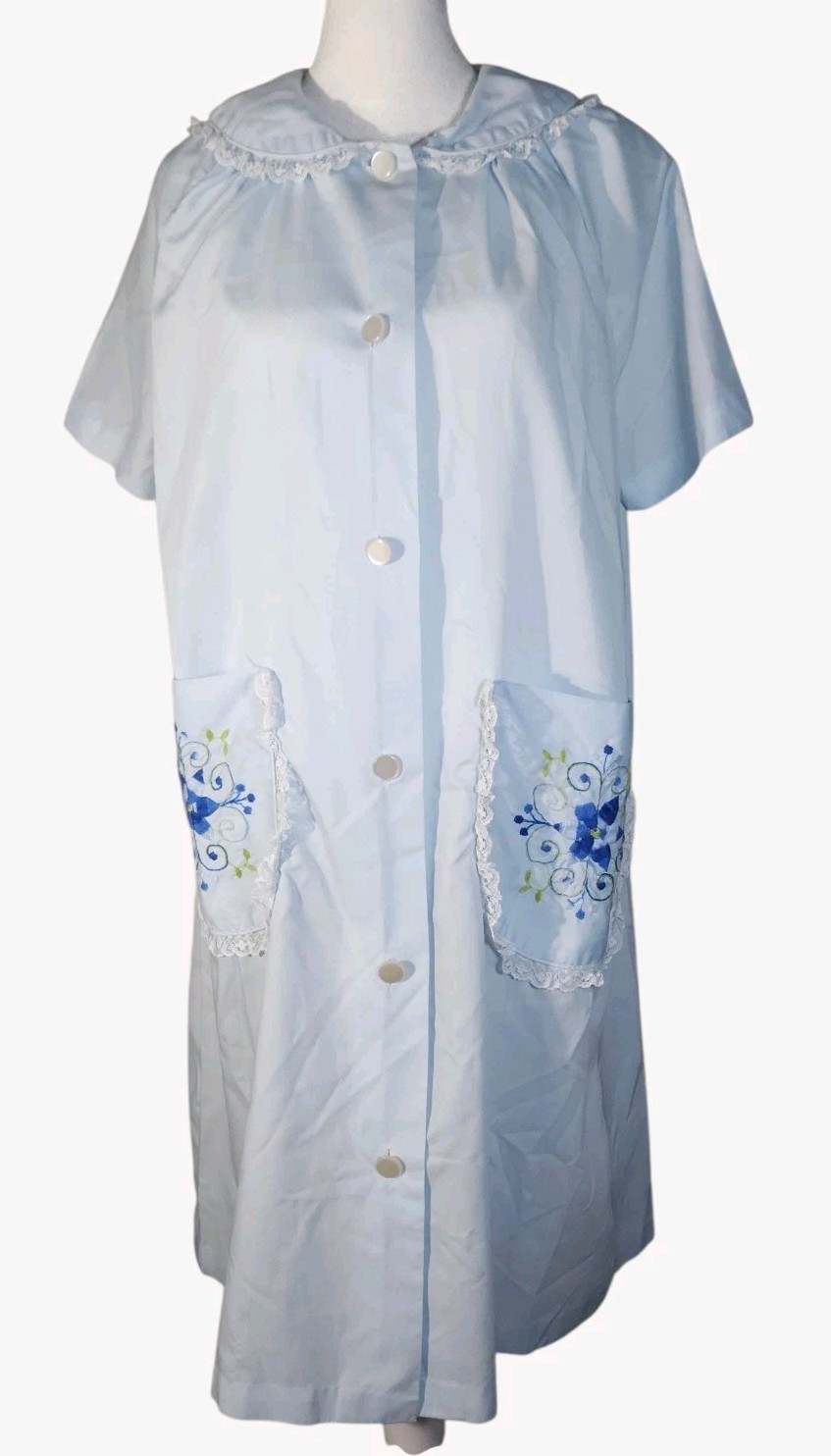 Vintage 70s Sears Comfort Coat Womens House Dress Blue Embroidered Pockets XL