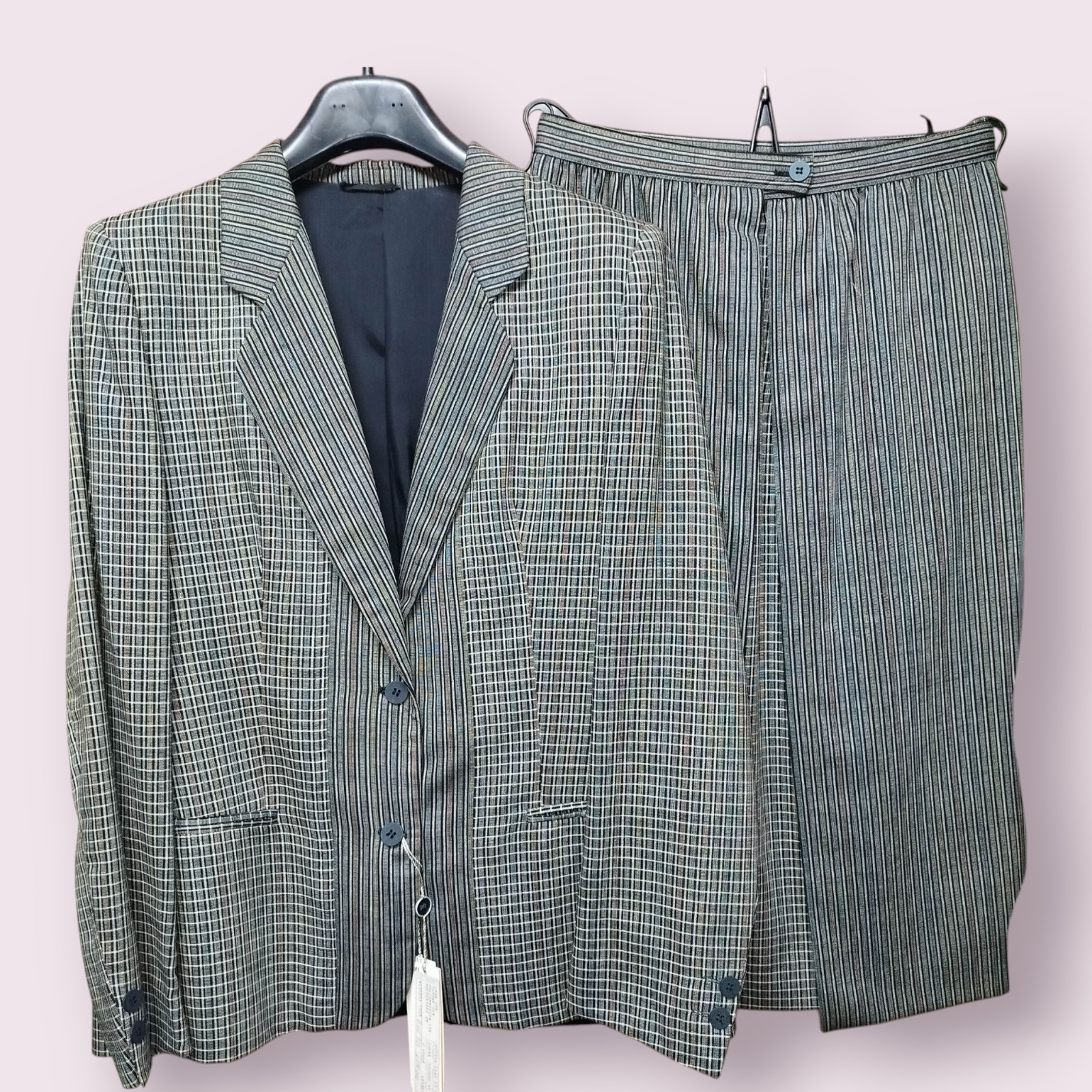 Cori® Vintage 1980s Geometric Pattern Stripes and Checkered Jacket + Skirt Set