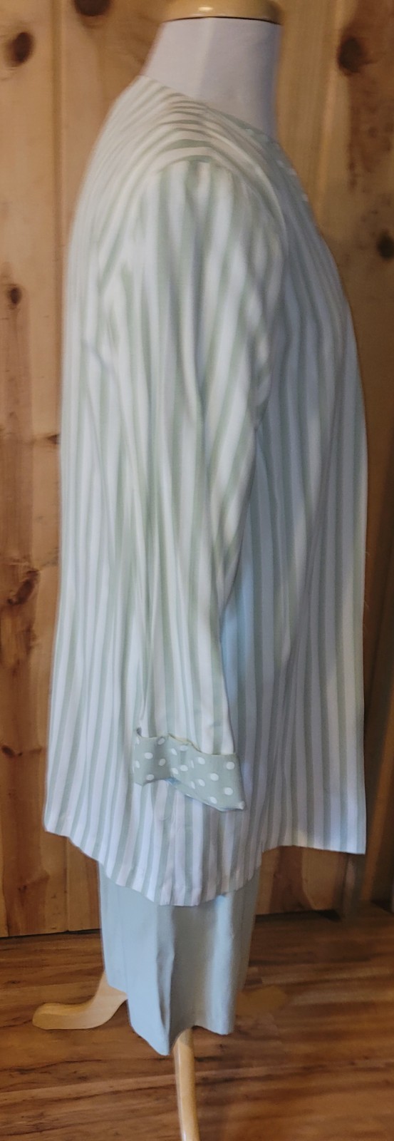 1980s STUART ALAN Sage Green Career Wear Polka Dot Belted Dress + Striped Jacket
