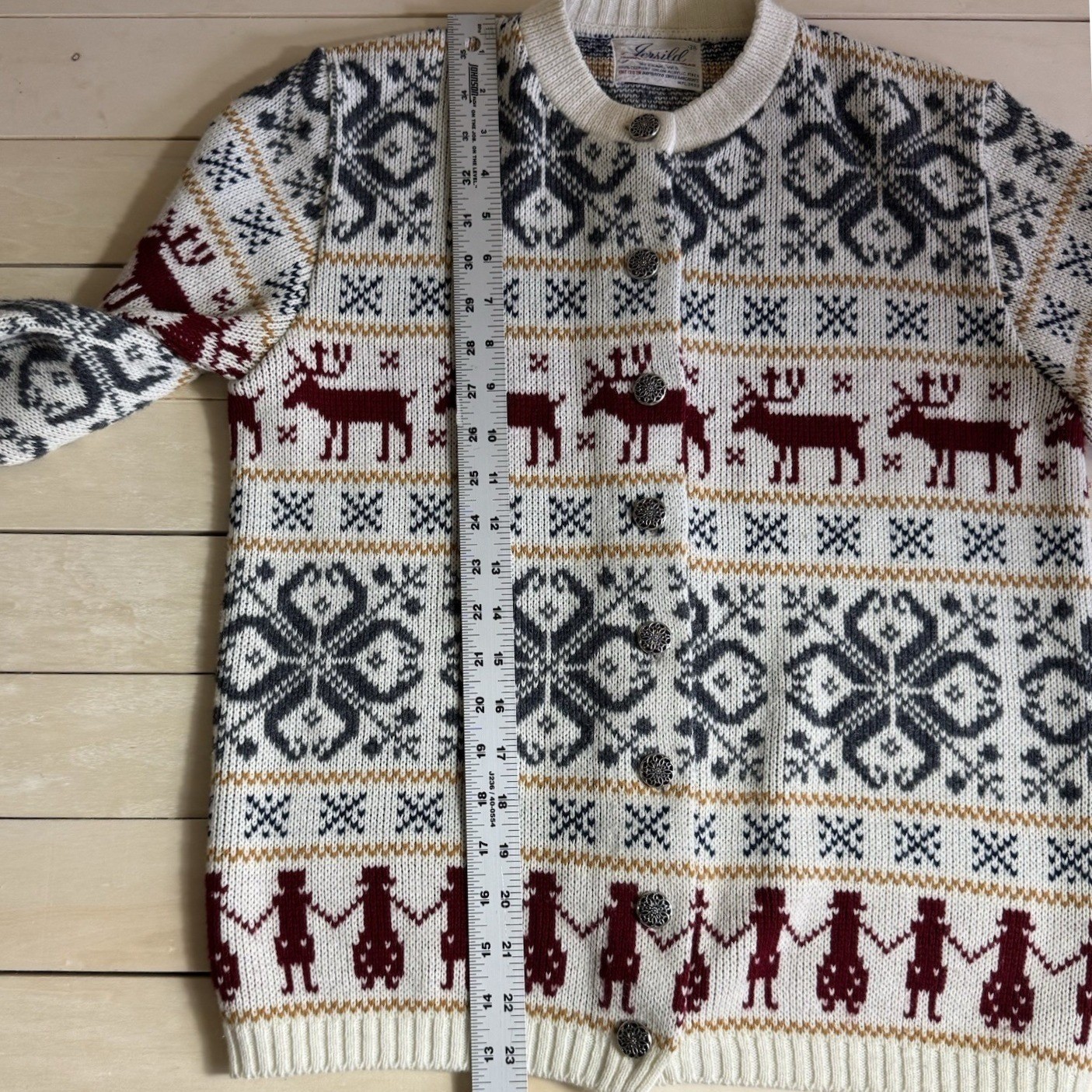 Vintage Jersild Reindeer Fair Isle Cardigan Sweater Cream Navy Burgundy Sz 38