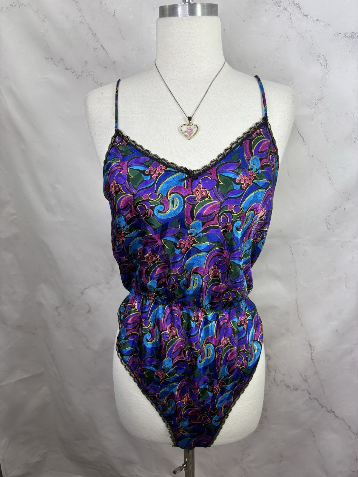Vintage 80s Satin Teddy Bodysuit Hi Cut Whimsigoth Floral Lace S Bonjour Retro