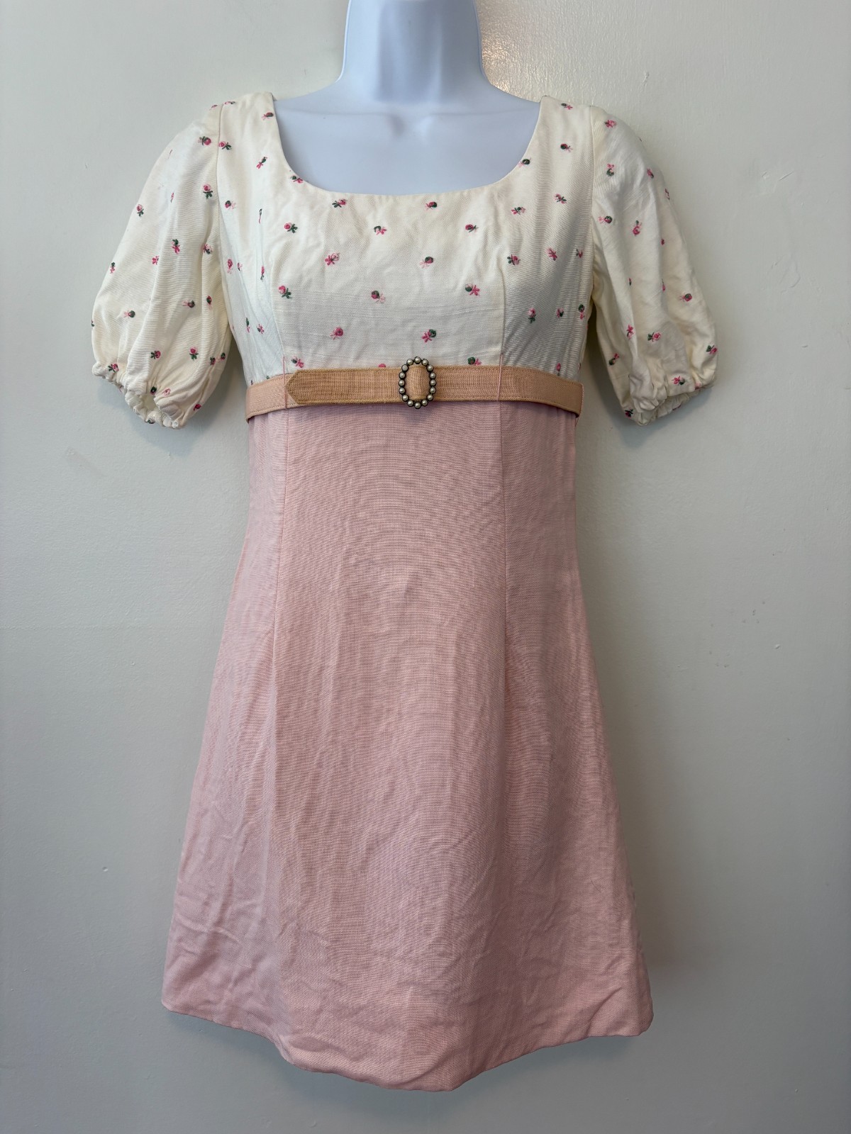 Vintage 70s Country Set Babydoll Mini Dress Size 7 Small Pink Floral