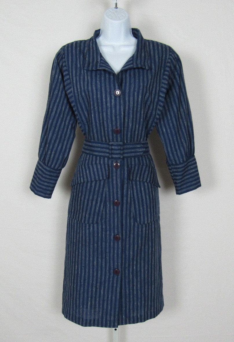 VTG 1970s 80s ALEXIS FASHIONS INC. DRESS SIZE 8 BLUE GRAY COTTON BLEND? BELT