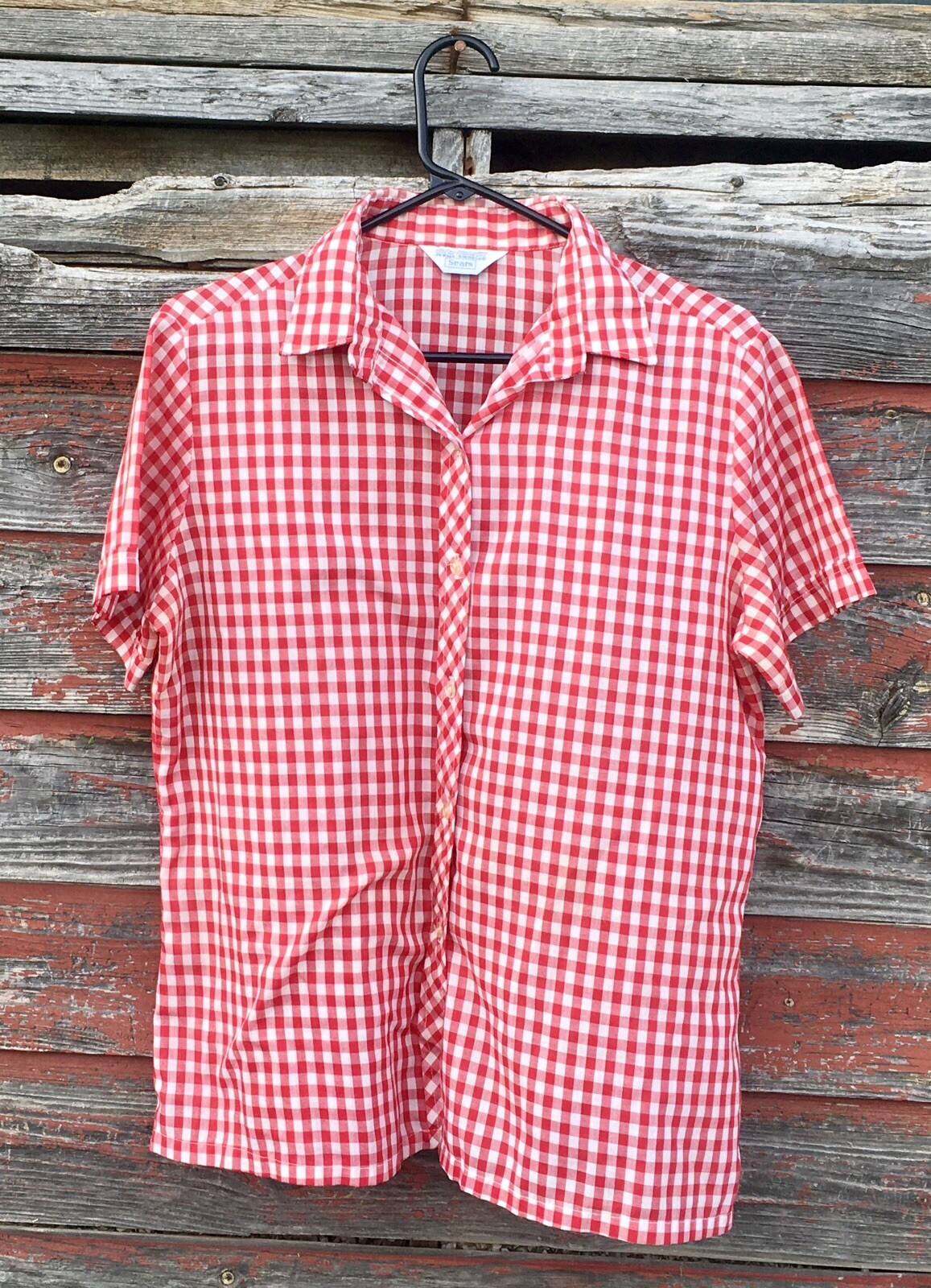 Vintage SEARS Perma-Smooth Red Checkers M Button Up Shirt Blouse Rockabilly Nice