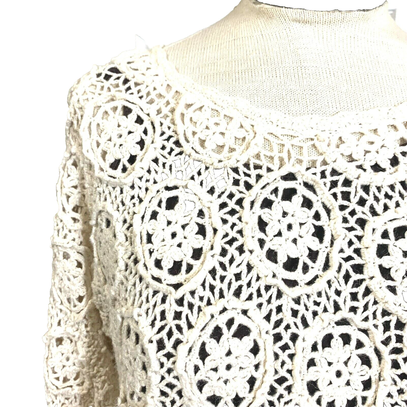DAVID HOLLIS Women L Beige 55% Ramie/45% Cotton Embroidered Knit Dolman Sweater