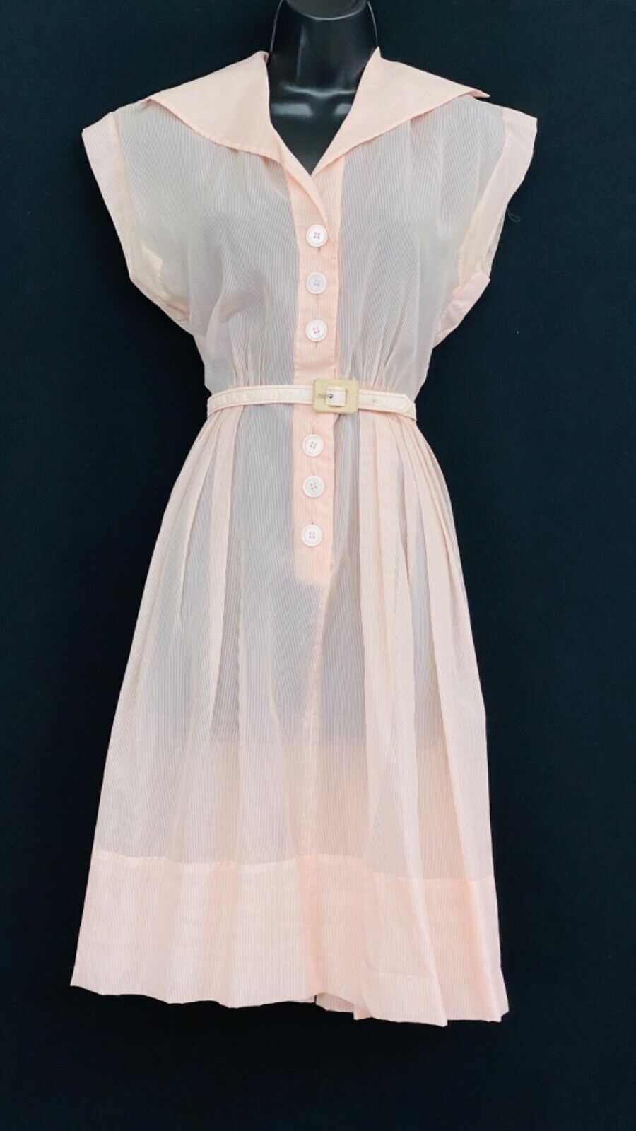 Vintage 1950s sheer pink dress, collar white pinstripes pin up summer nylon