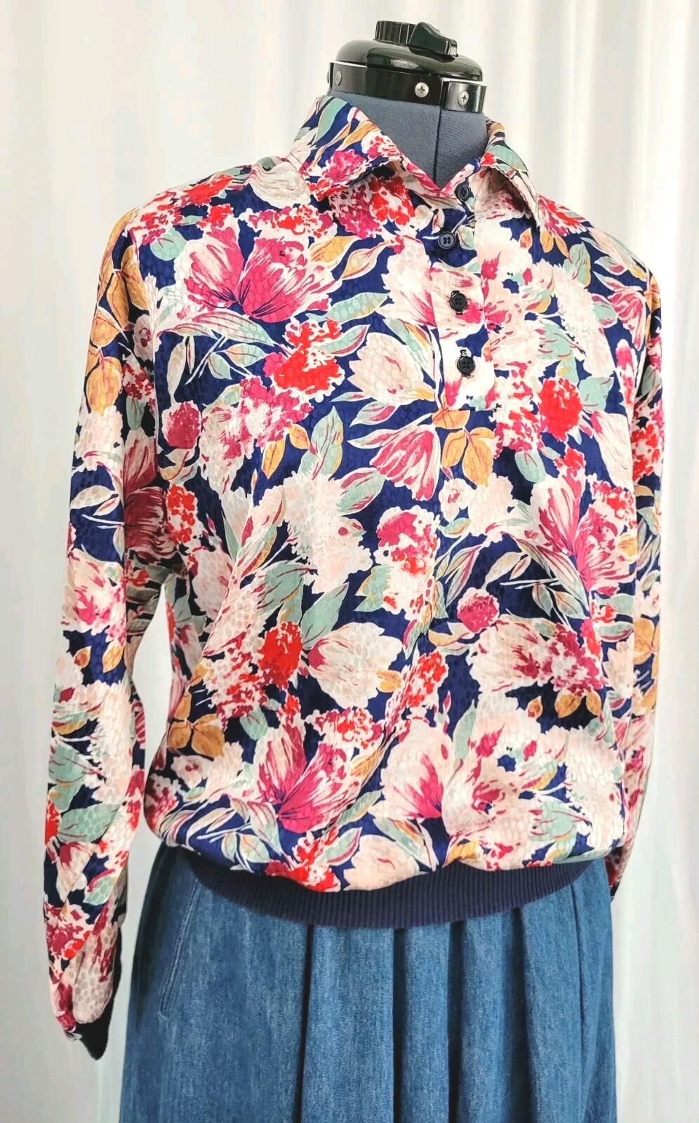Vintage Jeri Marque Floral on Navy Blouse w Knit Cuffs & Waistband Sz M/L?
