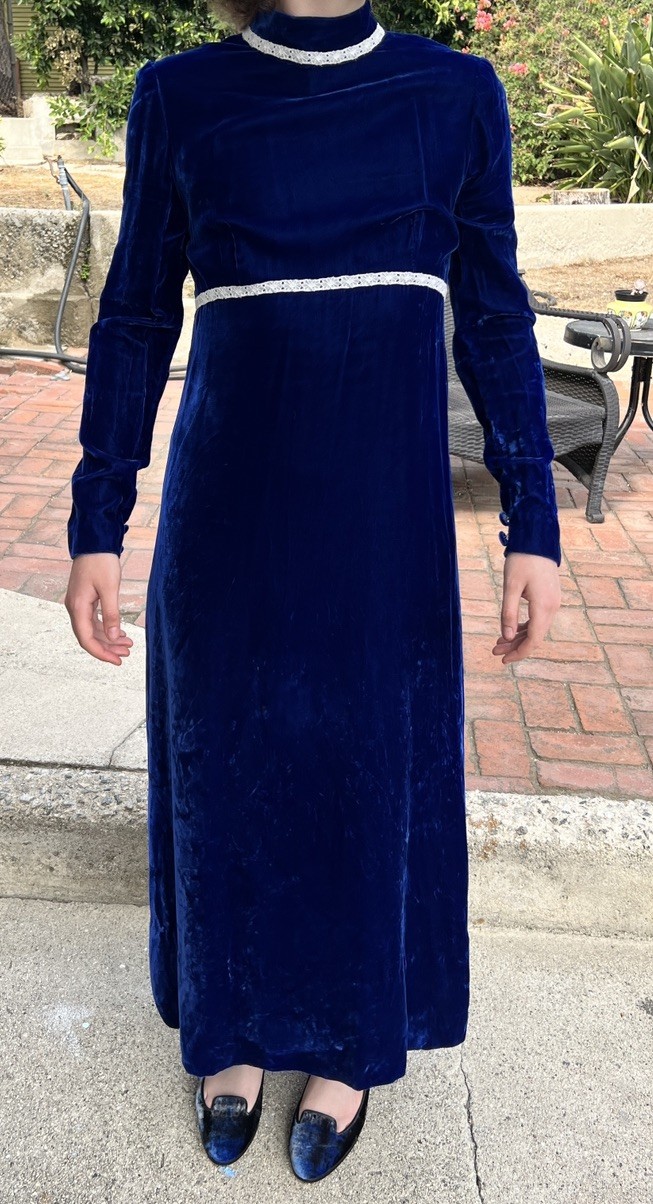 VTG Blue Velvet Dress Sz XS white crochet detail midi maxi sapphire