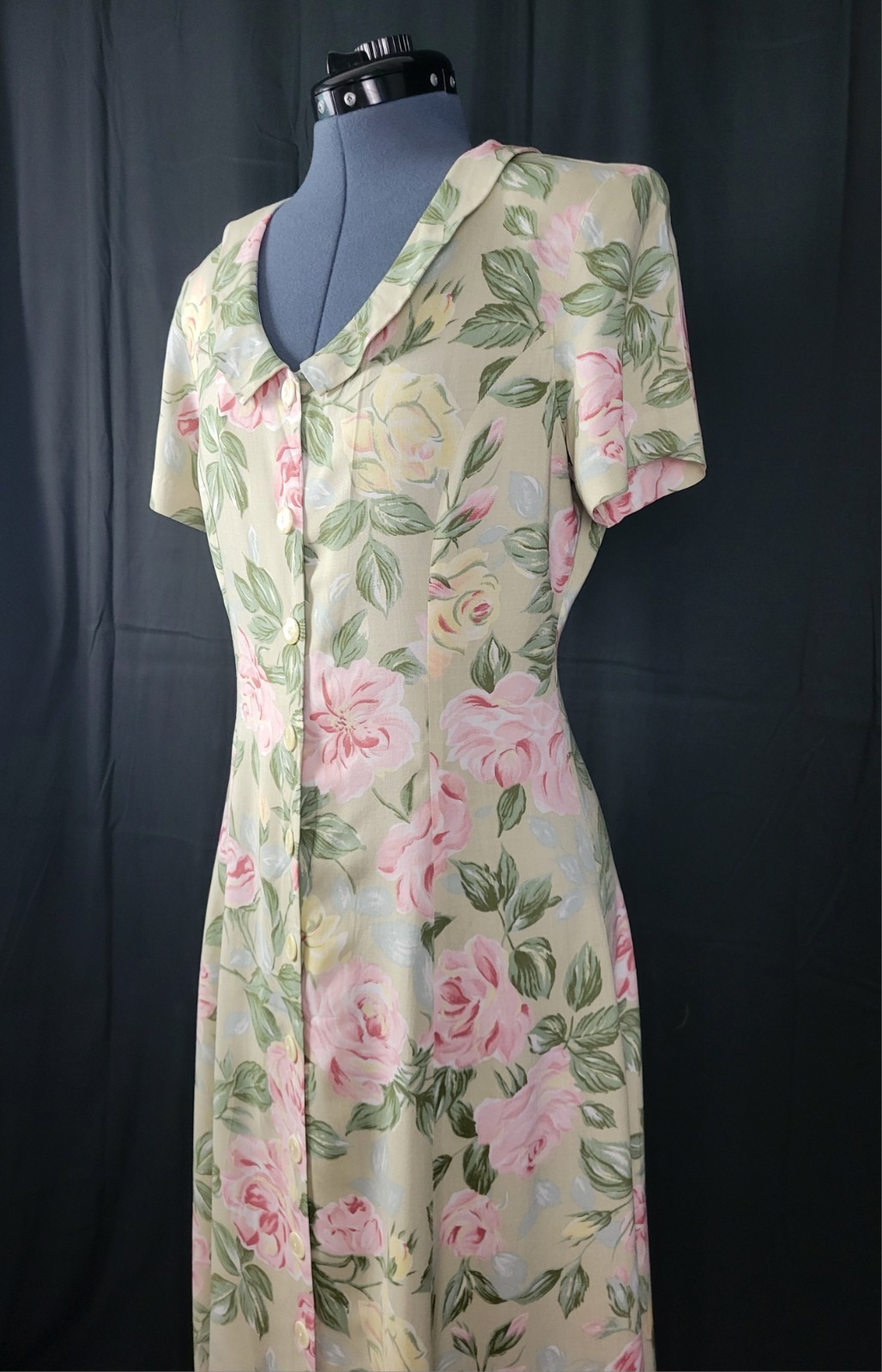 Vintage Ellen Ashley Tan Fit & Flare Button Down Dress w Pastel Florals Size 8