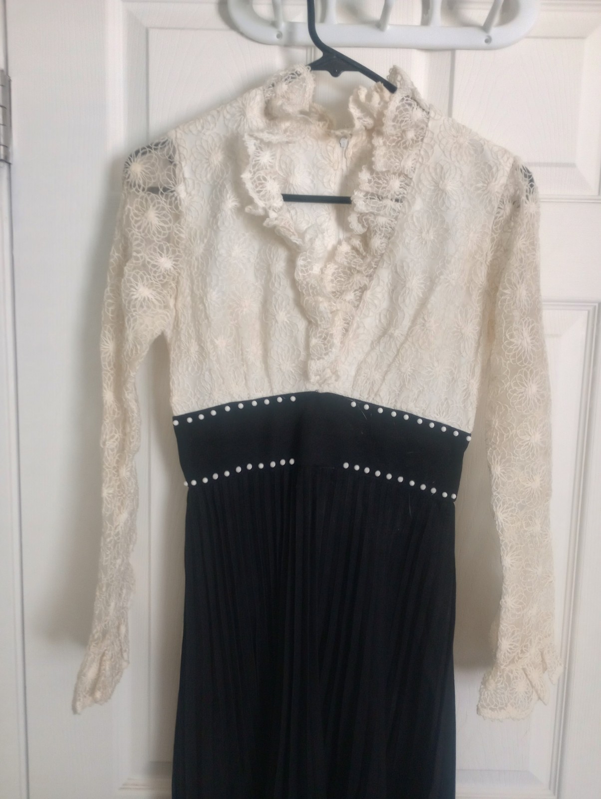 vintage black and white gown, ruffles and floral lace, empire waist no tags