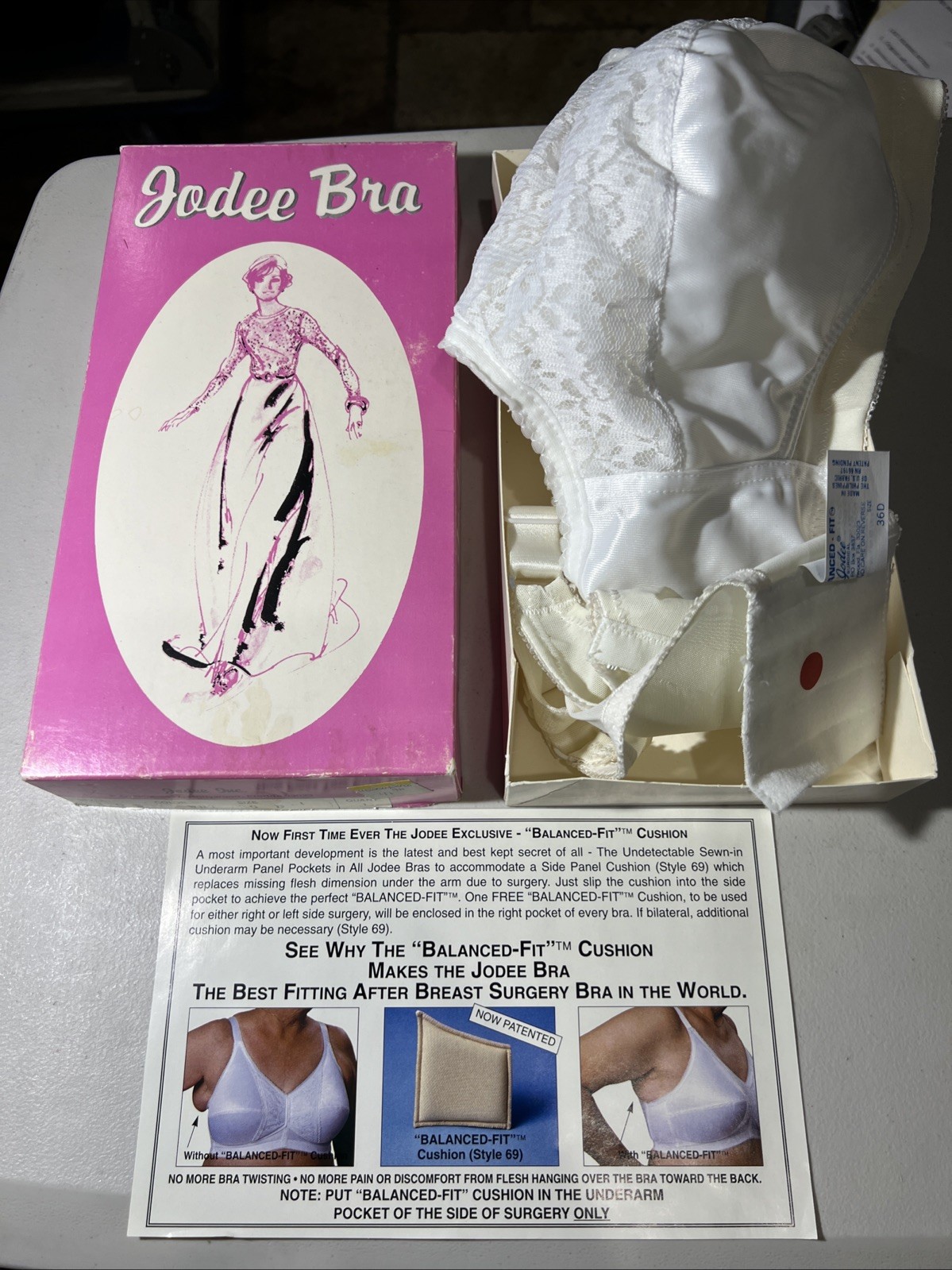 NEW Jodee Surgical Style 105 Post Mastectomy Bra WHITE w/Pockets USA-MADE 36D