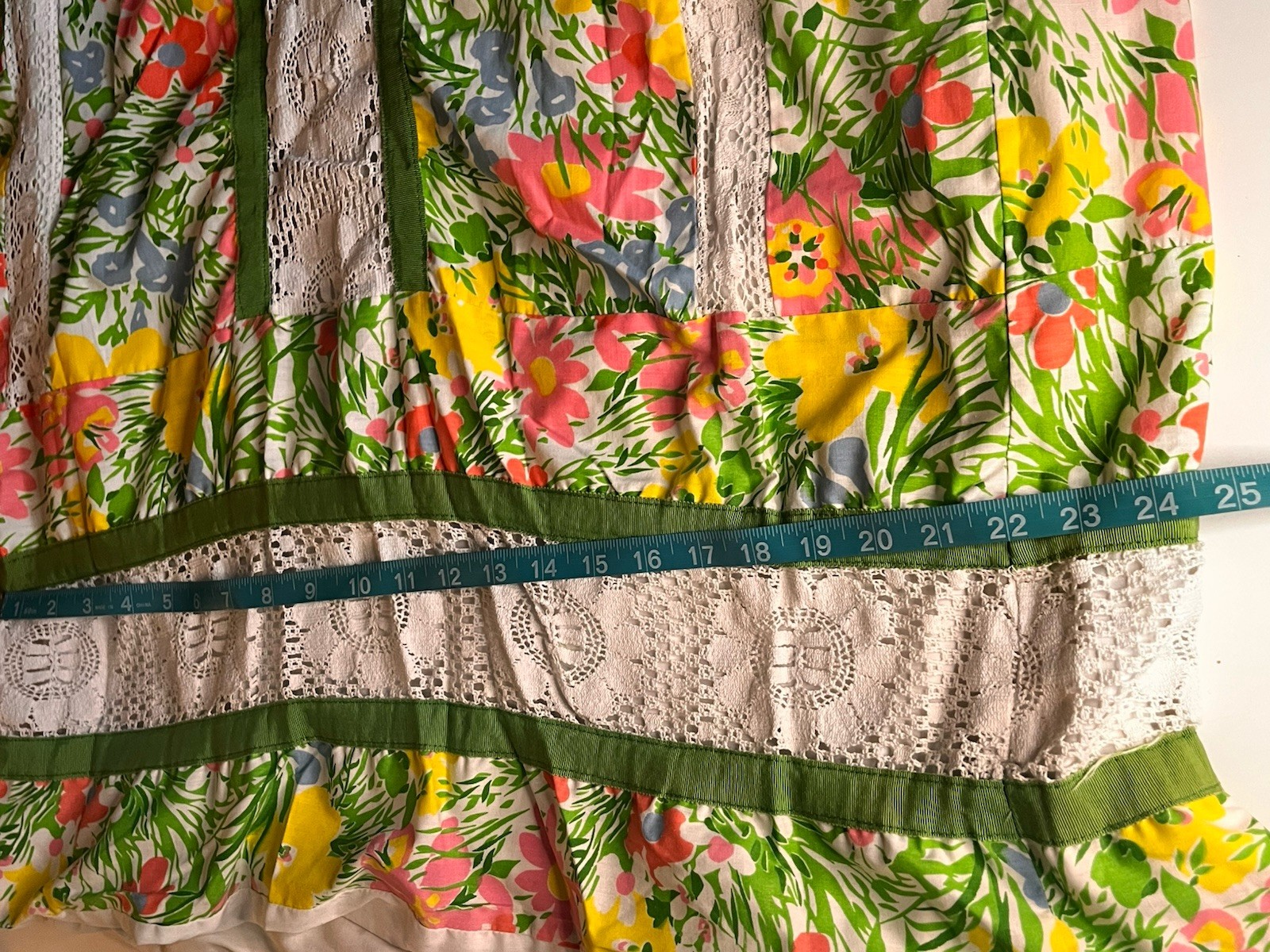 Vintage 70s MR HANK Pink & Green Floral Patchwork Skirt Eyelet Cottagecore L/XL
