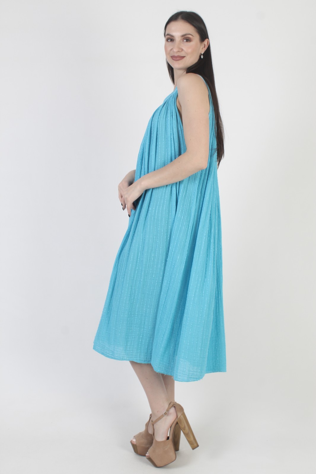 Vtg Turquoise Gauze Dress Cover Up Crochet Mexican Beach Kaftan Ethnic Sundress