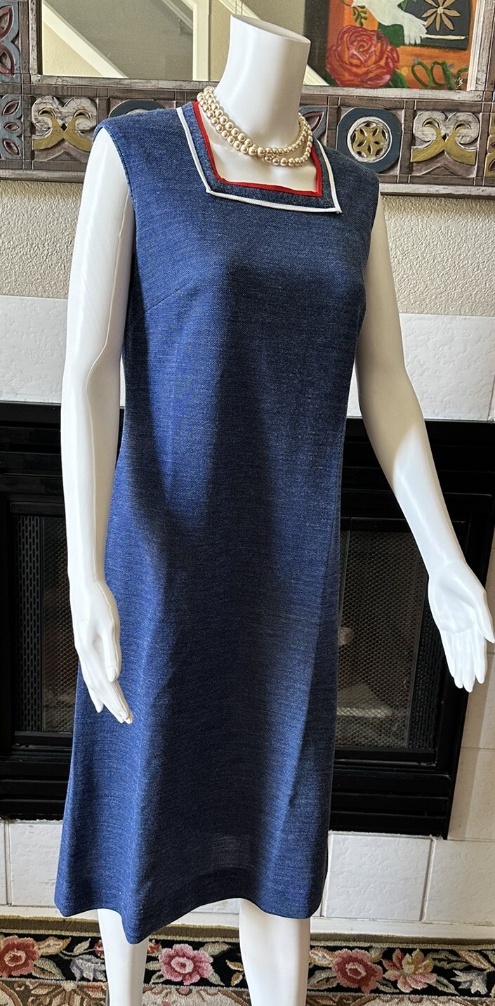 VTG 1960s Bleeker Street Drop Waist Blue Dress & Jacket XL Blue Red White