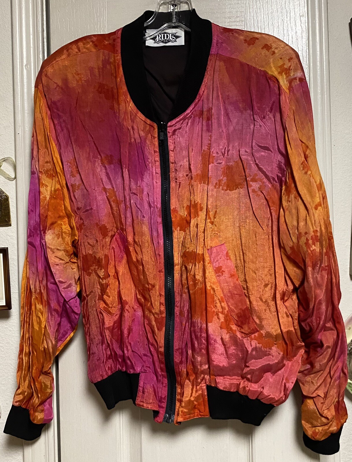 Vintage RIDE Rayon/Cotton Fuchsia Orange & Black Bomber Jacket W/Shoulder Pads