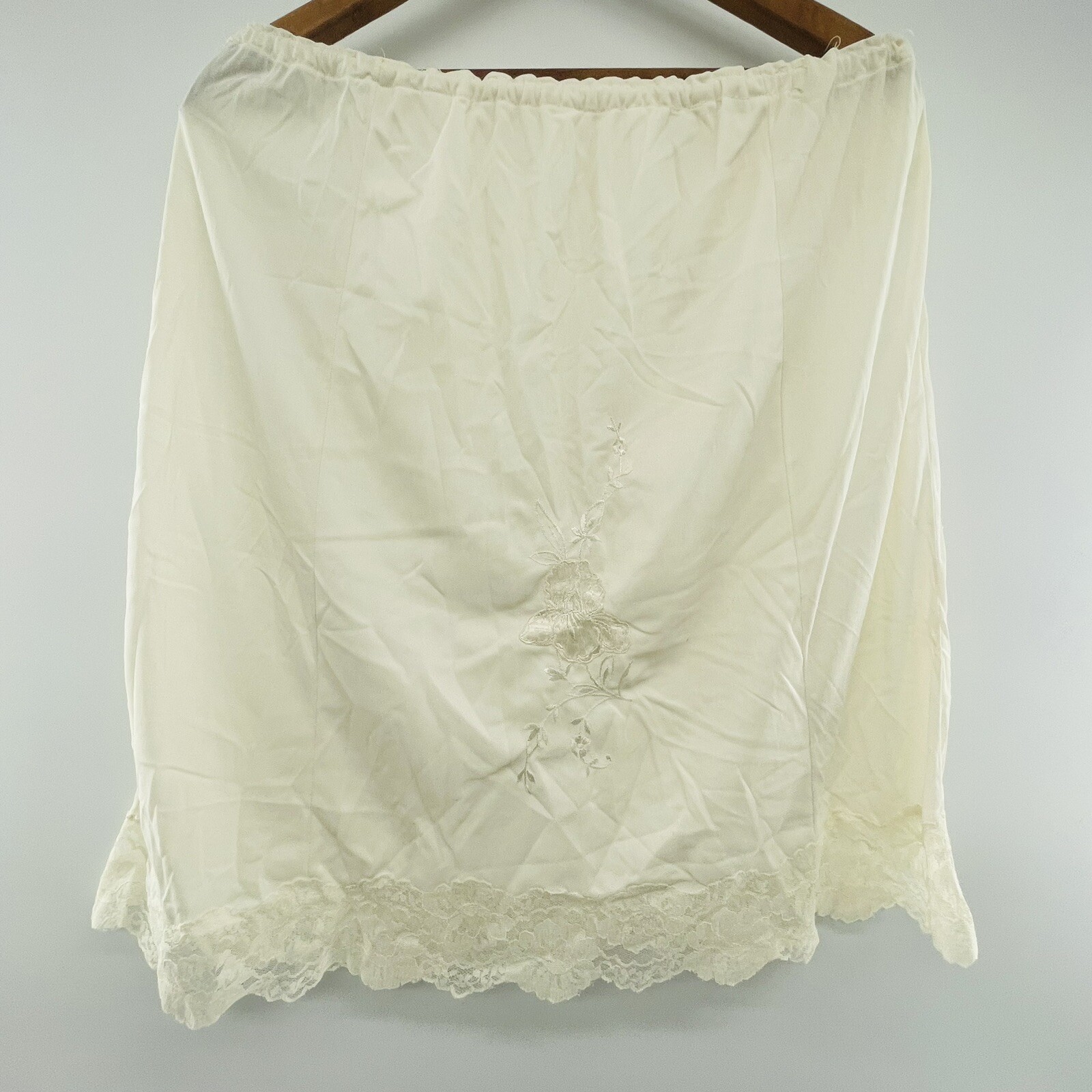 Vtg LOOMCRAFT White Half Slip Floral Embroidered Lace Silky Nylon Lace L USA