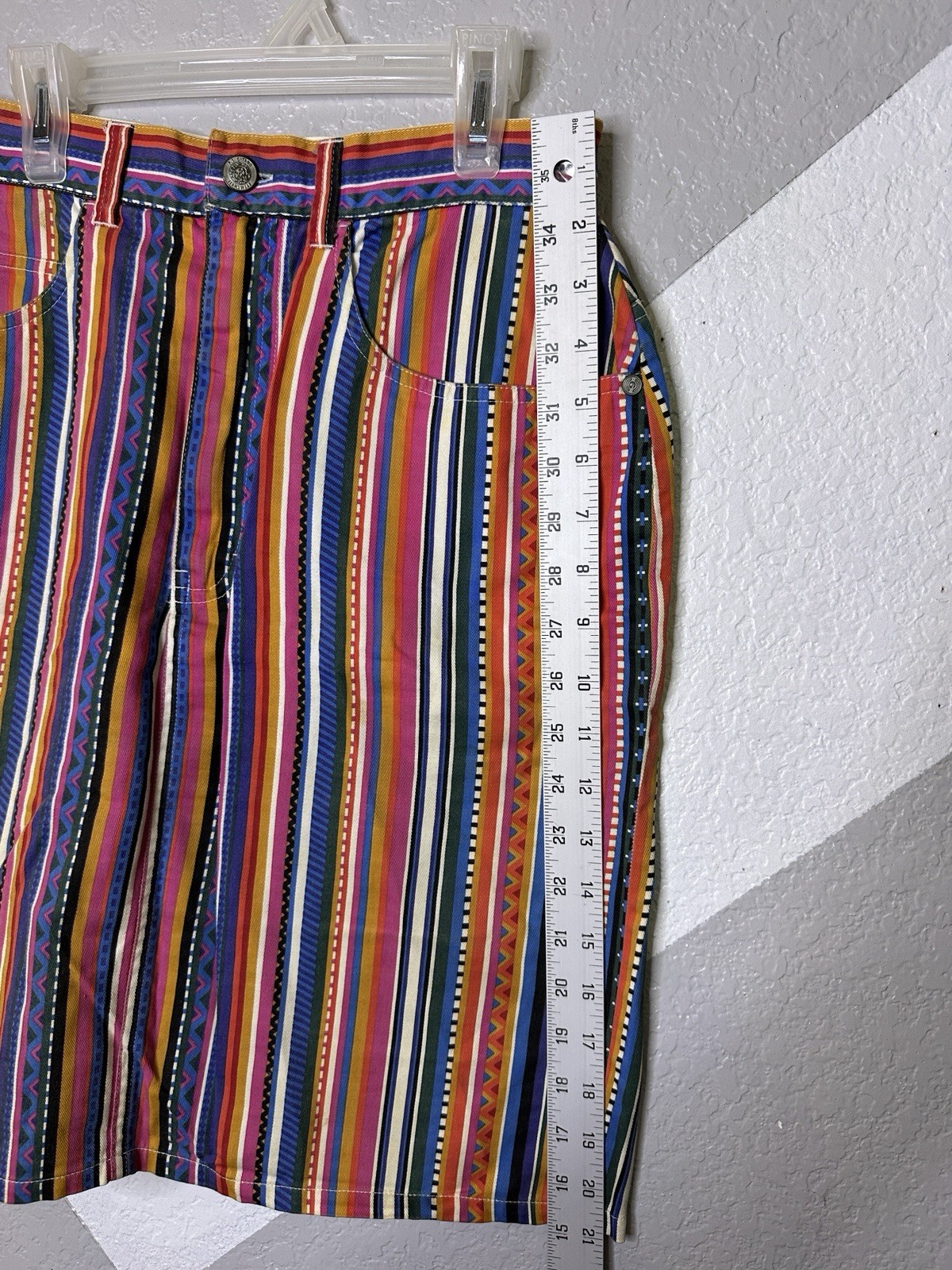 Vintage Skirt Gitano Tribal Stripe 1990s Pink White Blue Zipper Pocket Sz 11/12