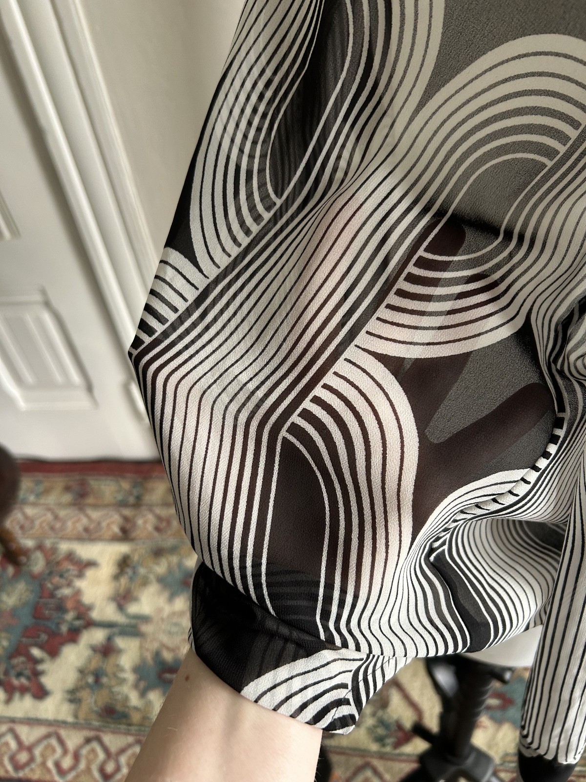 Vintage 1990s Y2k Sheer Black & White Op Art Button Up Blouse Deco Raver Med Lg