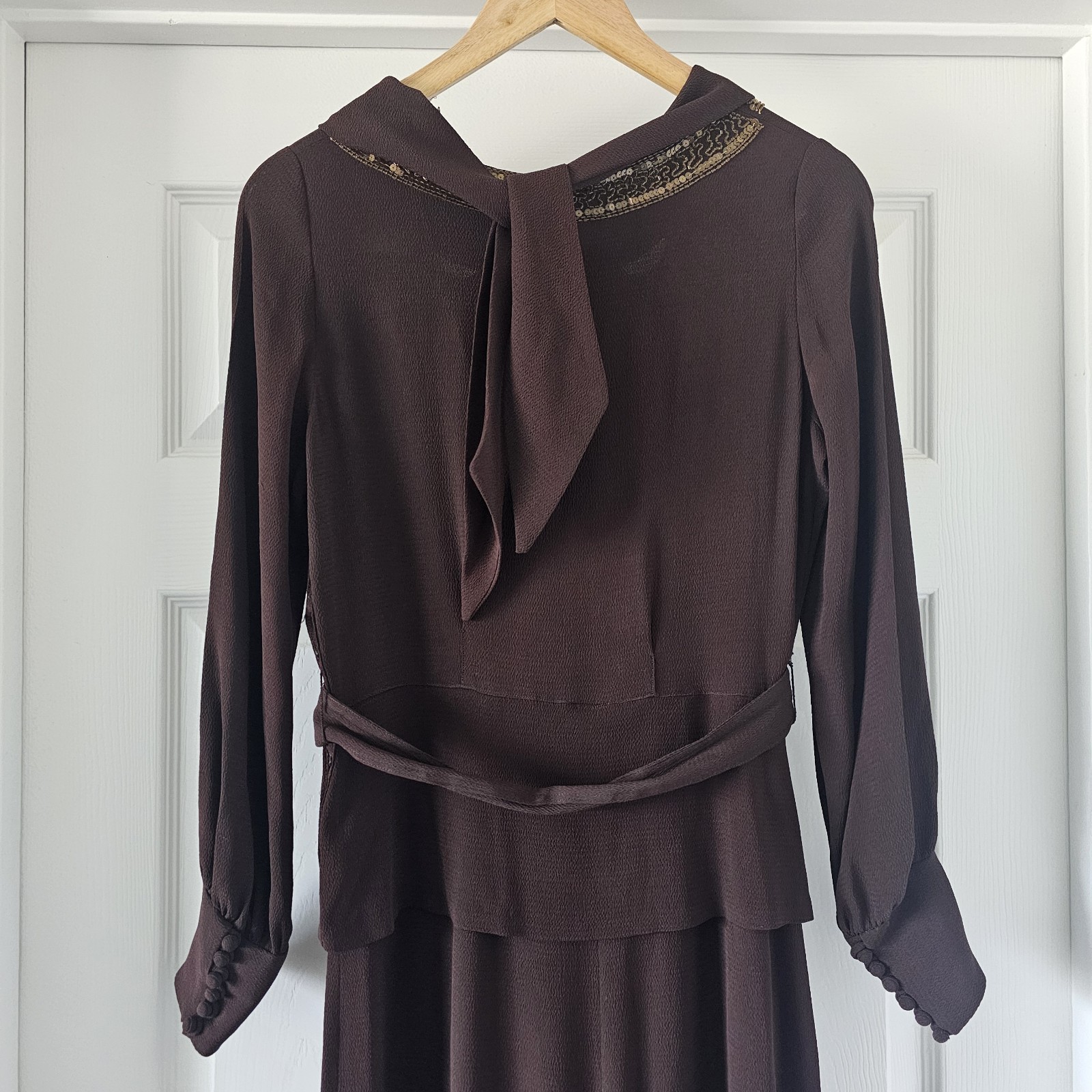 1930s Vintage Blue Eagle Brown Rayon Crepe Peplum Gold Beaded Dress Belt Set #90