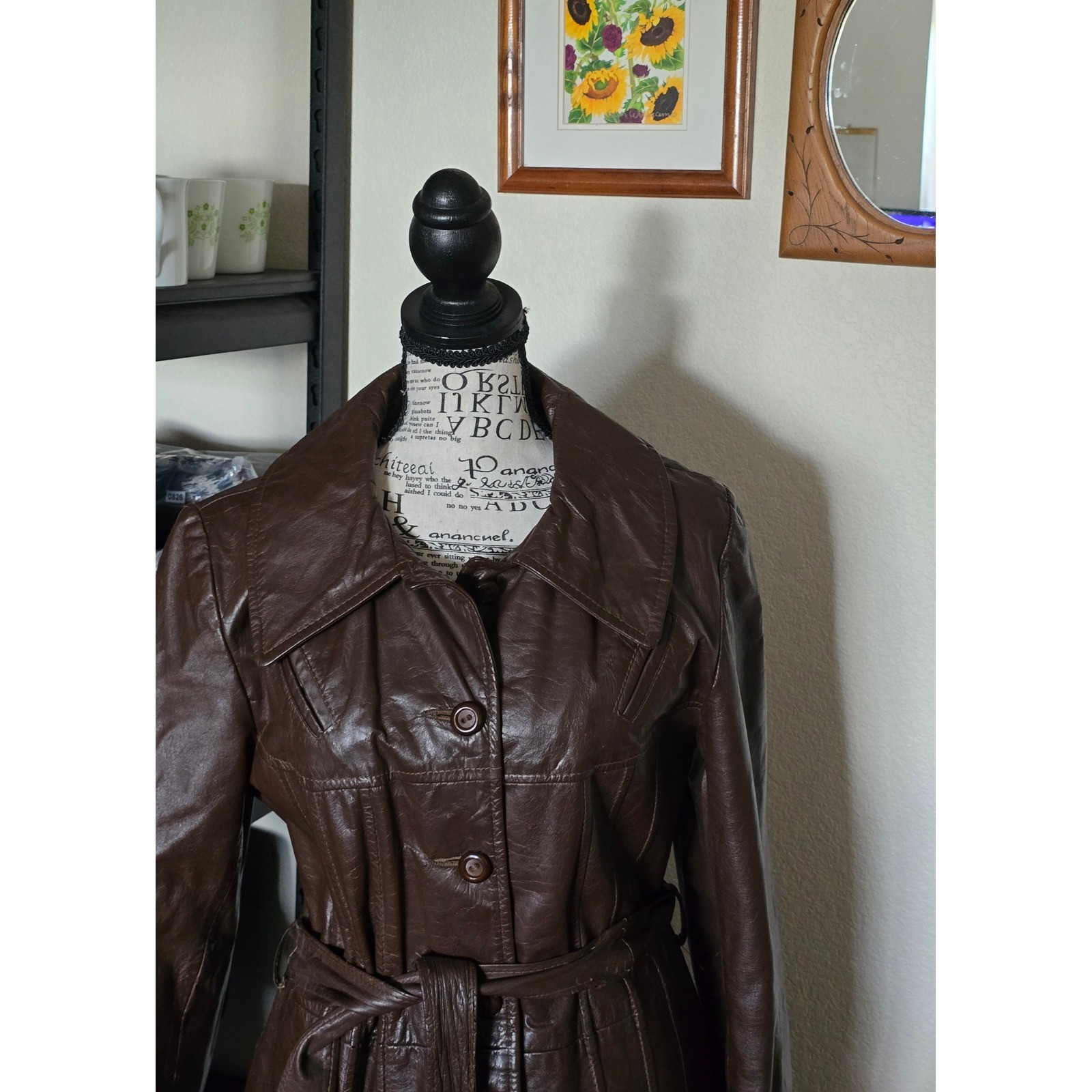 Vintage 70s Brown Leather Trench Coat Long Belted Womens 14 Junior Gallery Retro