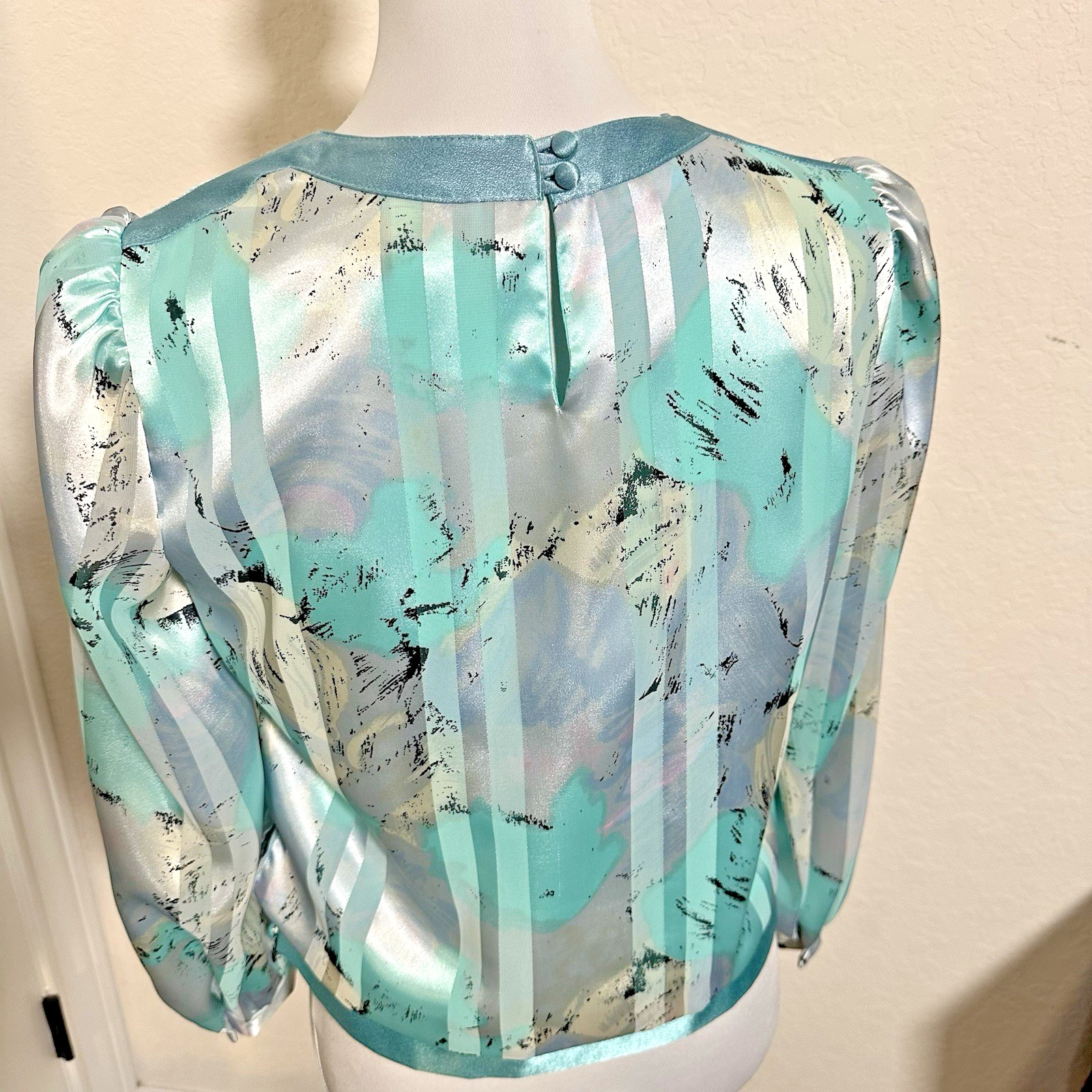 VTG 80s Mavinette Metallic Blouse Sz 8 Aqua Silver Lame Puff Sleeve Disco Glam