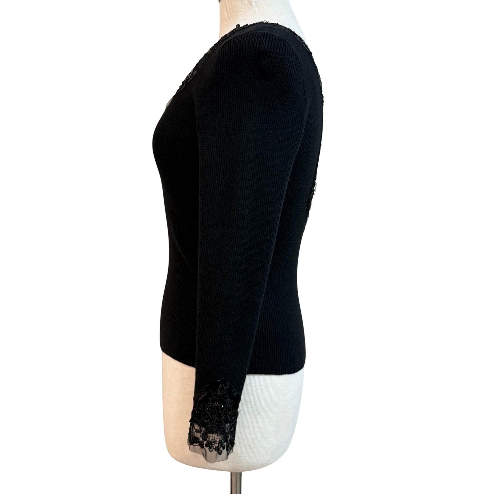Vintage Black Ribbed Knit Sweater Sequin & Lace Trim Size Small