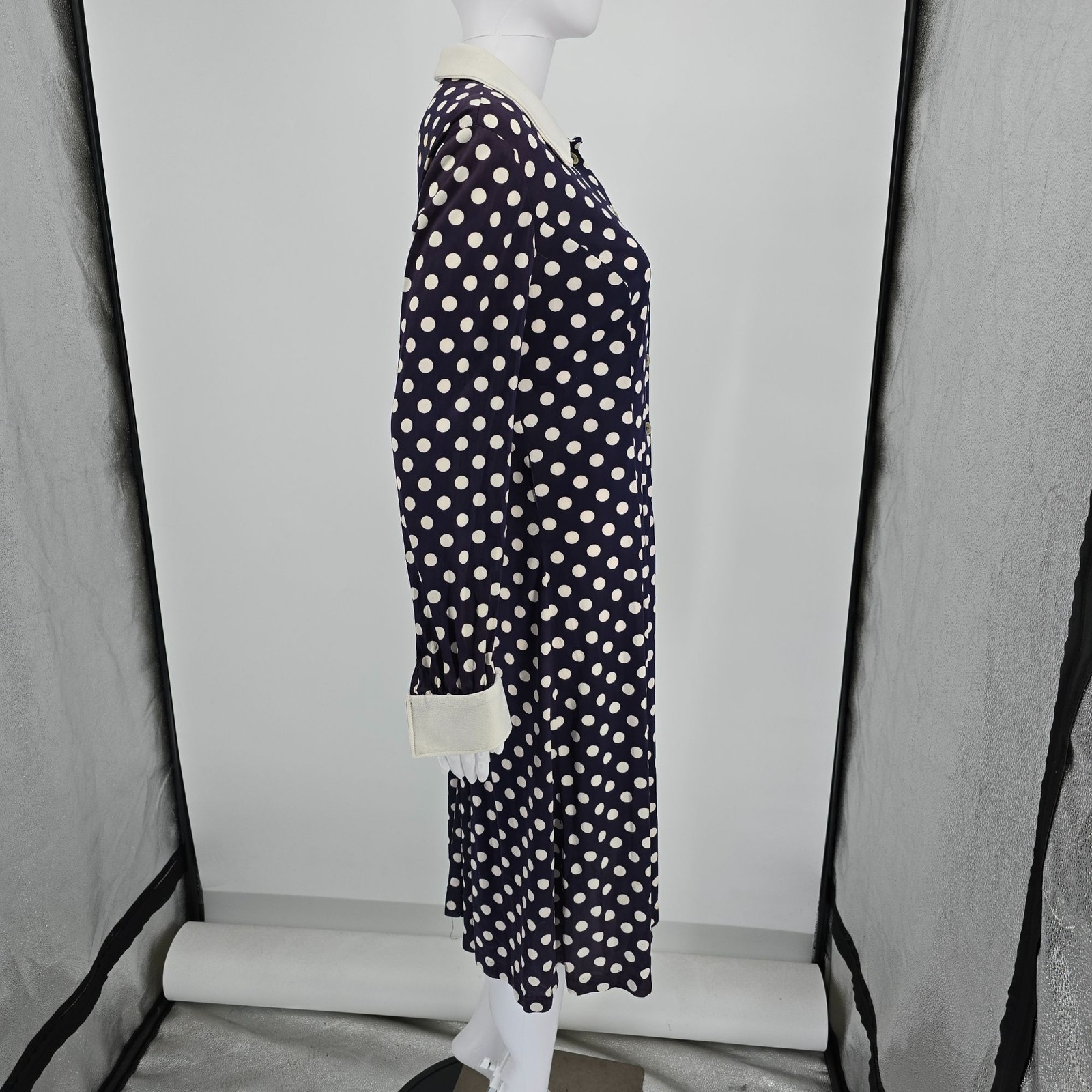 Vintage 1970s Purple Polka Princess Seam Fit-and-Flare Midi Shirt Dress (M)