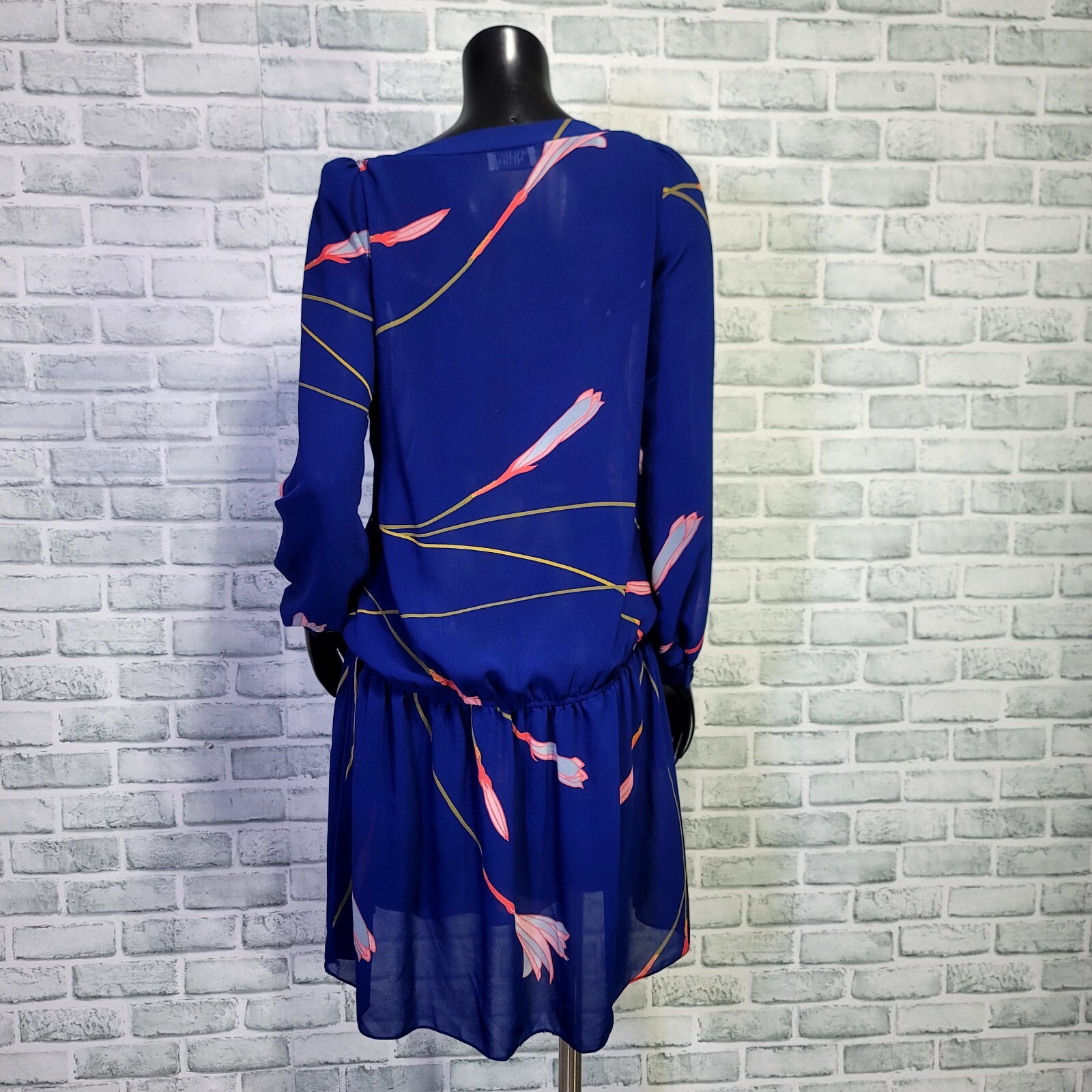 Vintage 70s Malibu Media California Womens M Blue Sheer Floral Drop Waist Dress