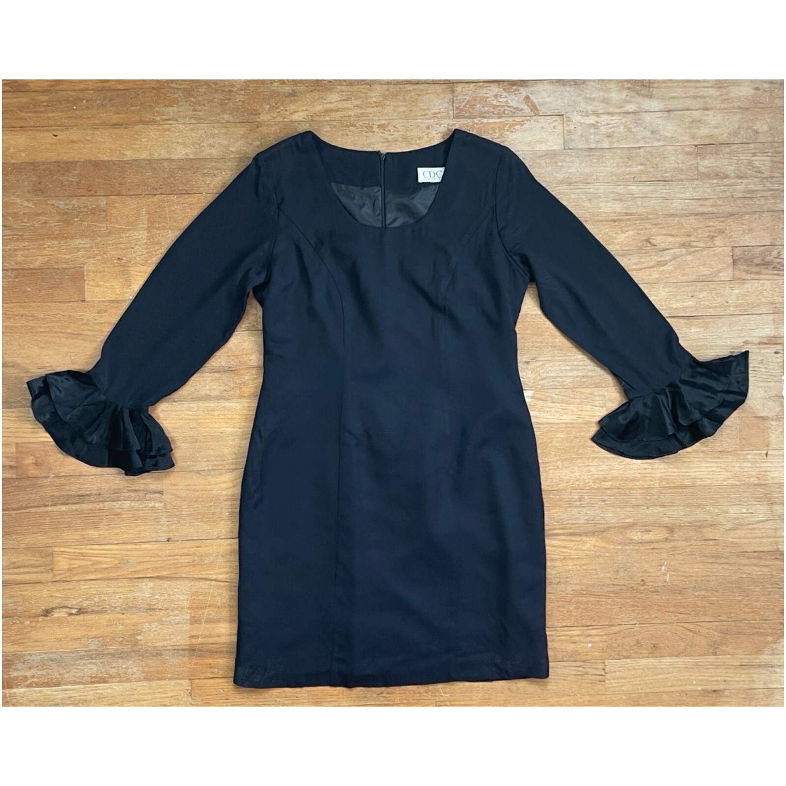 Vintage Black Cocktail Dress Size Medium 1990s Crepe Sheath with Ruffle Cuffs