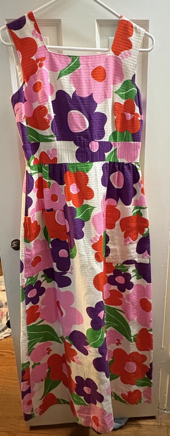 Malia Honolulu 1970s Vintage Maxi Dress Floral Hawaiian Pink Purple Red Green