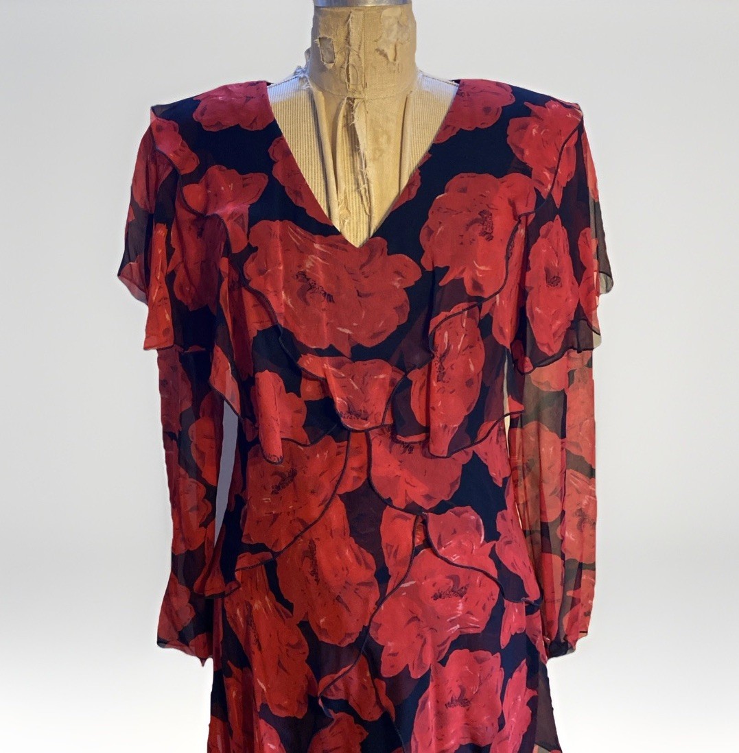 Vintage holly’s harp 100% silk rose Print Tiered dress