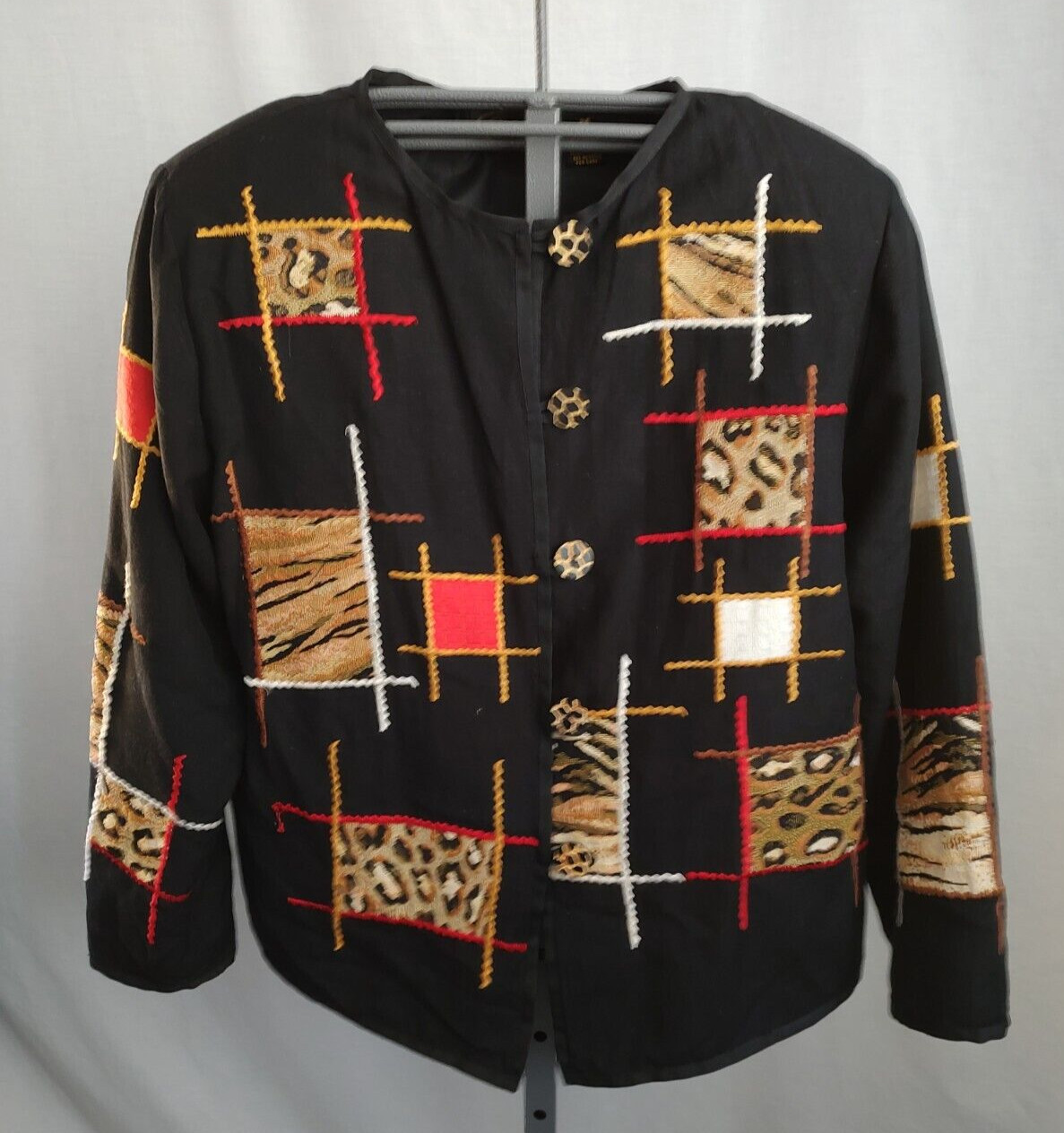 Vintage Alex Kim Patchwork Patches Jacket Medium Black Animal Print Art to Wear
