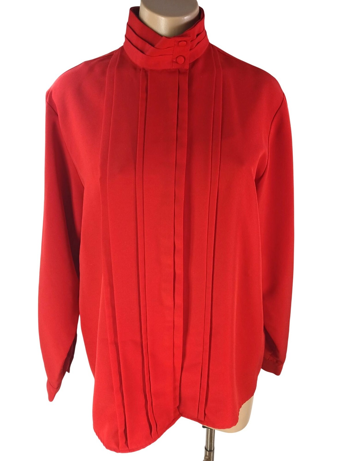 Vintage 80s Hill Archer Red High Neck Pleated Blouse Size 12 Long Sleeve Pleated