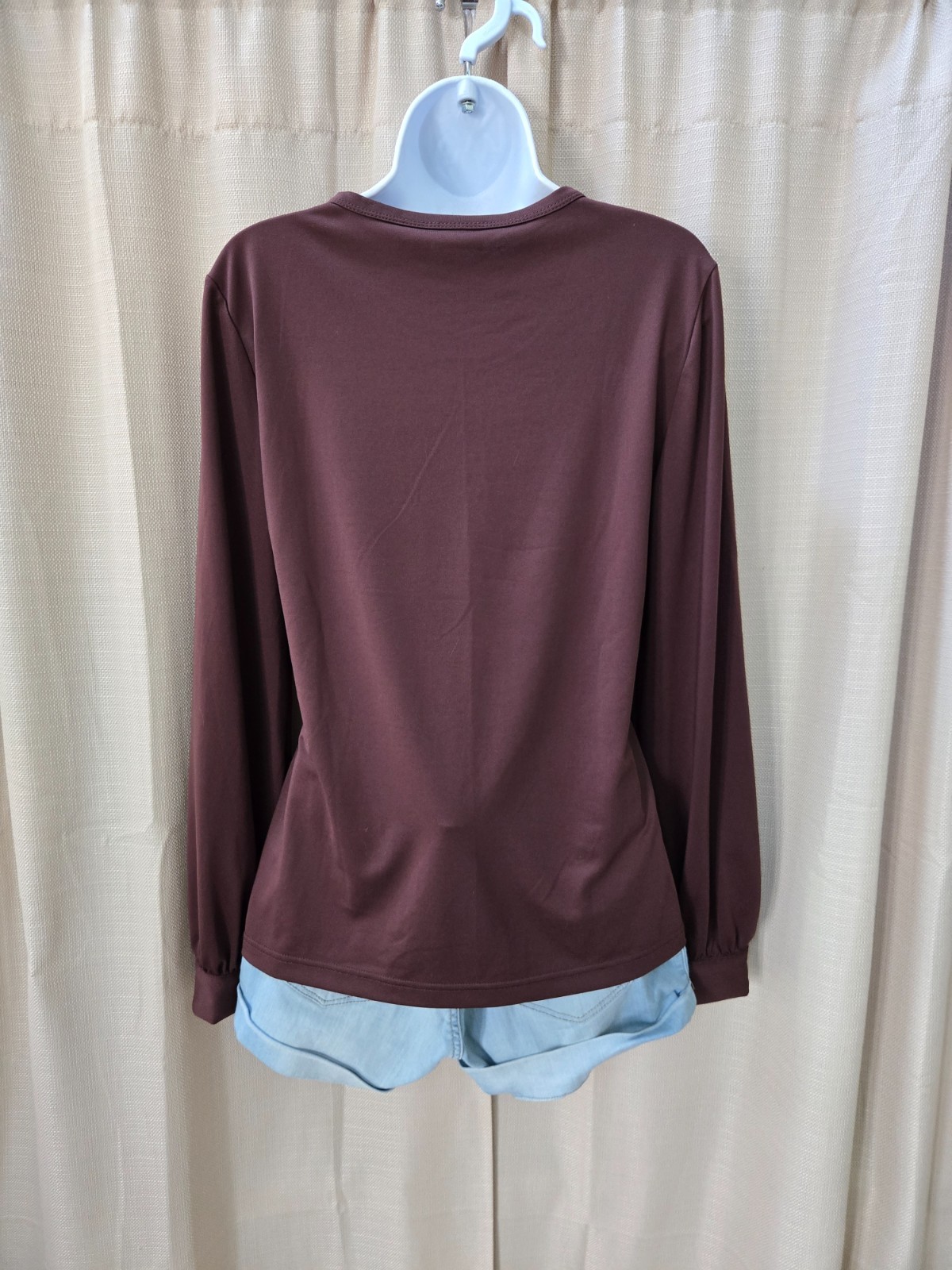 Vtg Newport News Retro Mod Style Casual Dressy Brown Stretch Bishop Sleeve Top M