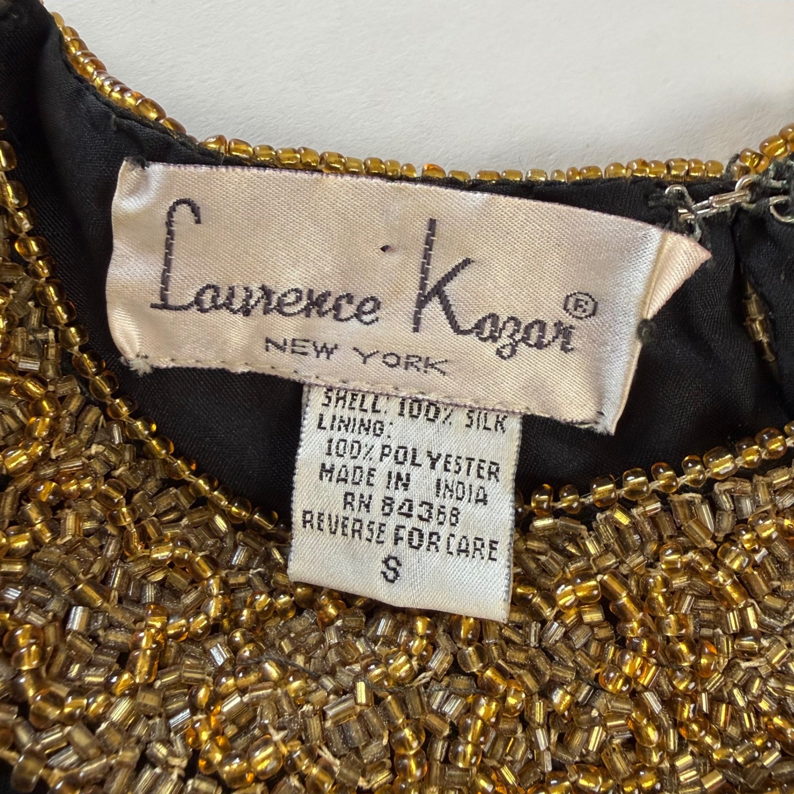 Laurence Kazar Vintage Beaded Silk Top Black Gold Evening Blouse Small Short Slv