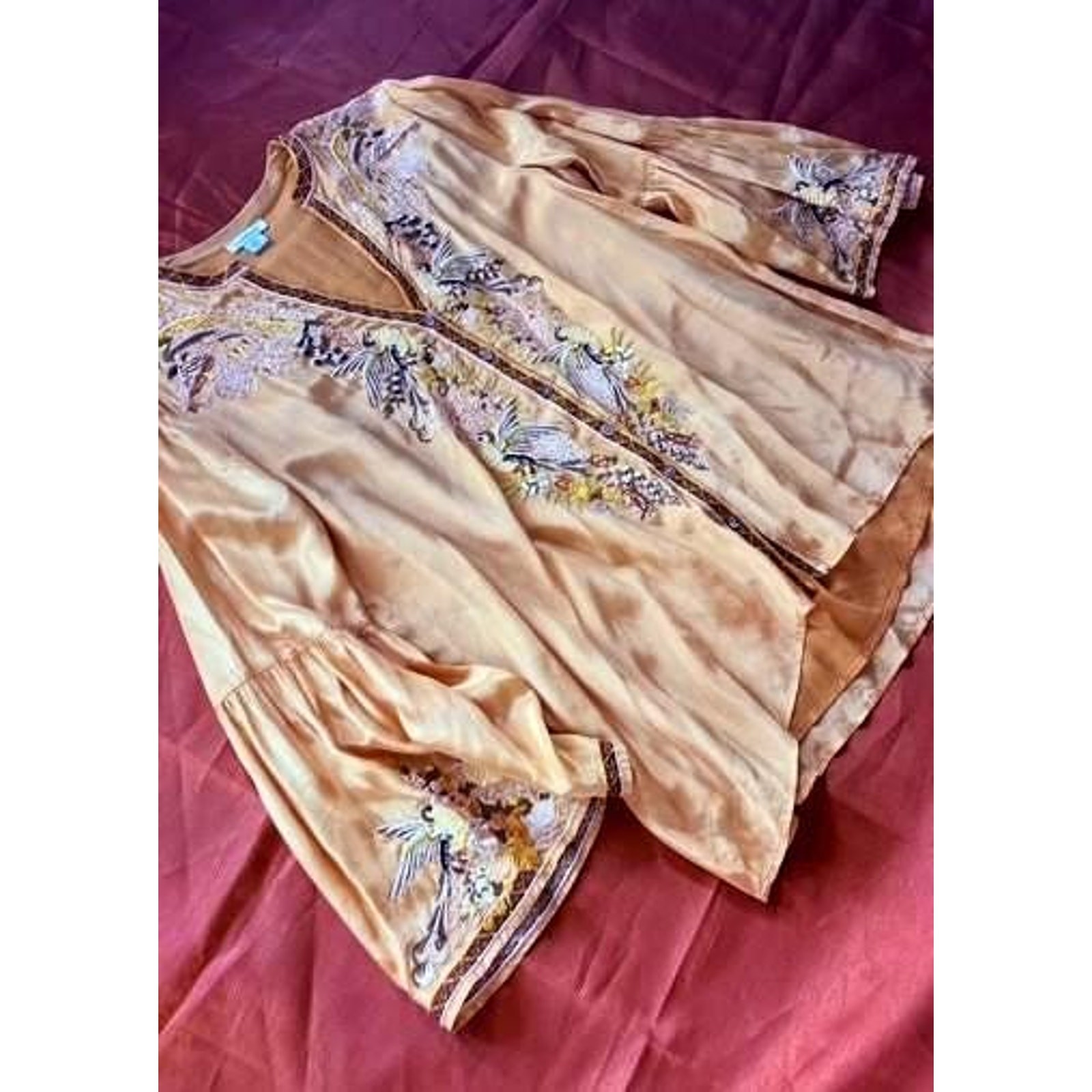 Sundance Embroidered Satin Blouse Medium Gold Champagne Floral Bell Sleeve Boho
