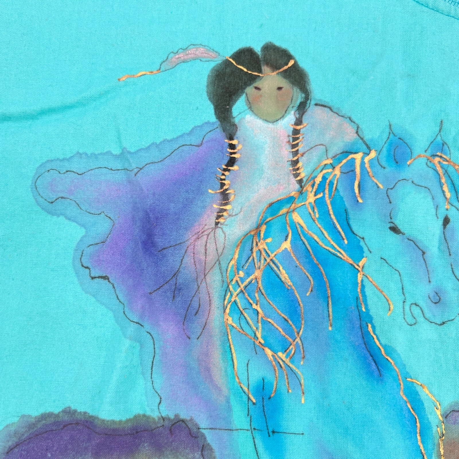 Vintage 80s Cotton Turquoise Blue Hand Painted Native American Watercolor Size L