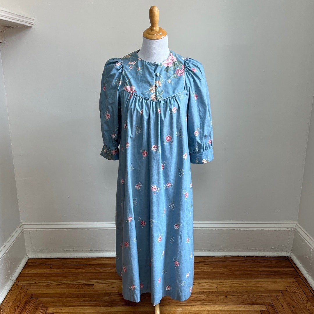 Vintage 90s J Jill Blue Floral Cotton Prairie Midi Dress Puff Sleeve M
