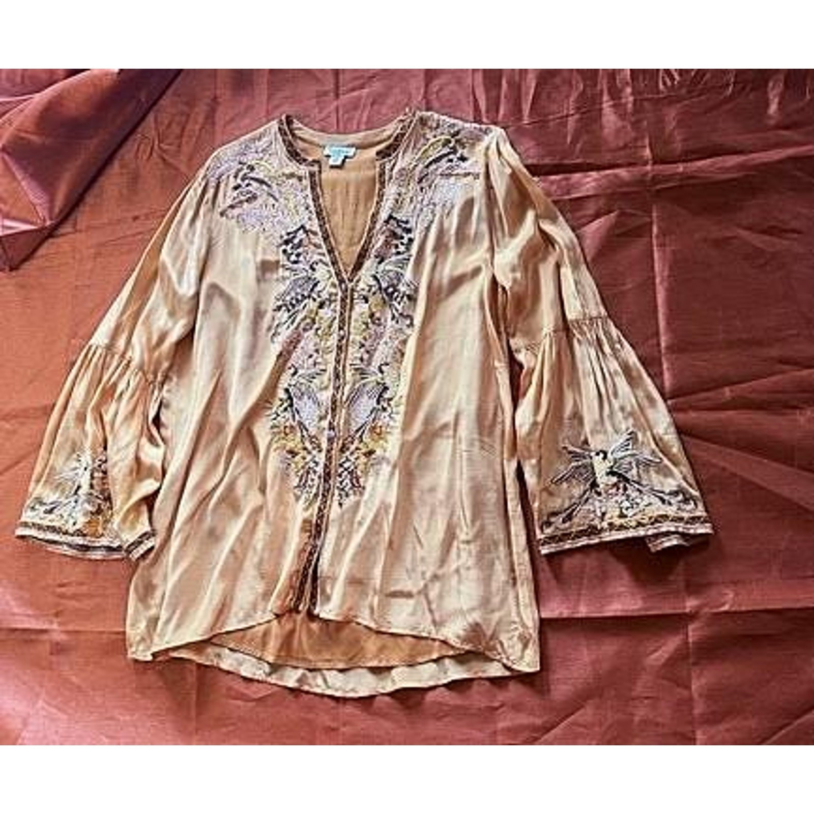 Sundance Embroidered Satin Blouse Medium Gold Champagne Floral Bell Sleeve Boho