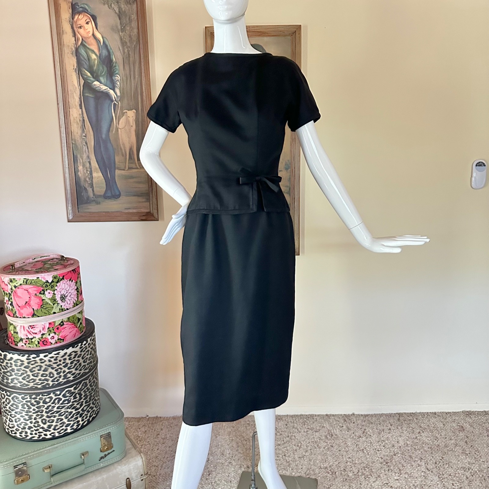 Vintage 1950s LBD Audrey Cocktail Dress & Blouse Layered Suit 2 pc Set S