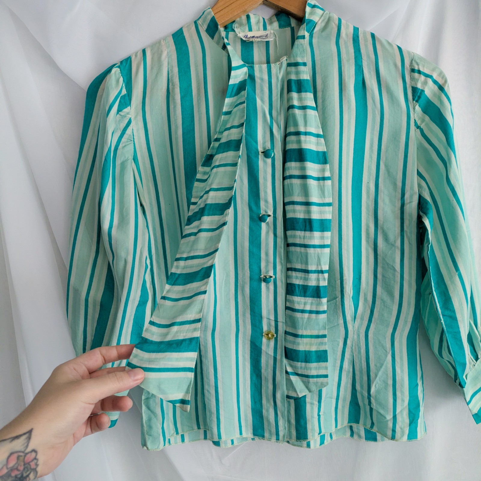 Vintage 60s/70s Blue StripedSecretary Blouse By Charm Of Hollywood, Small/Med