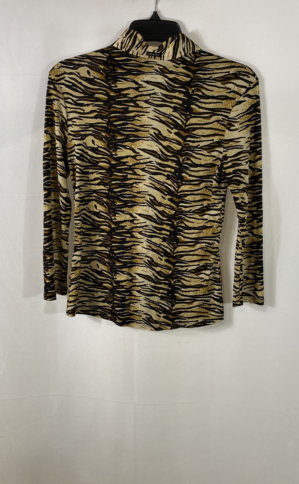 Vintage 90s Guess Jeans Women’s Tiger Print Nylon Blouse Tan Black Sz L