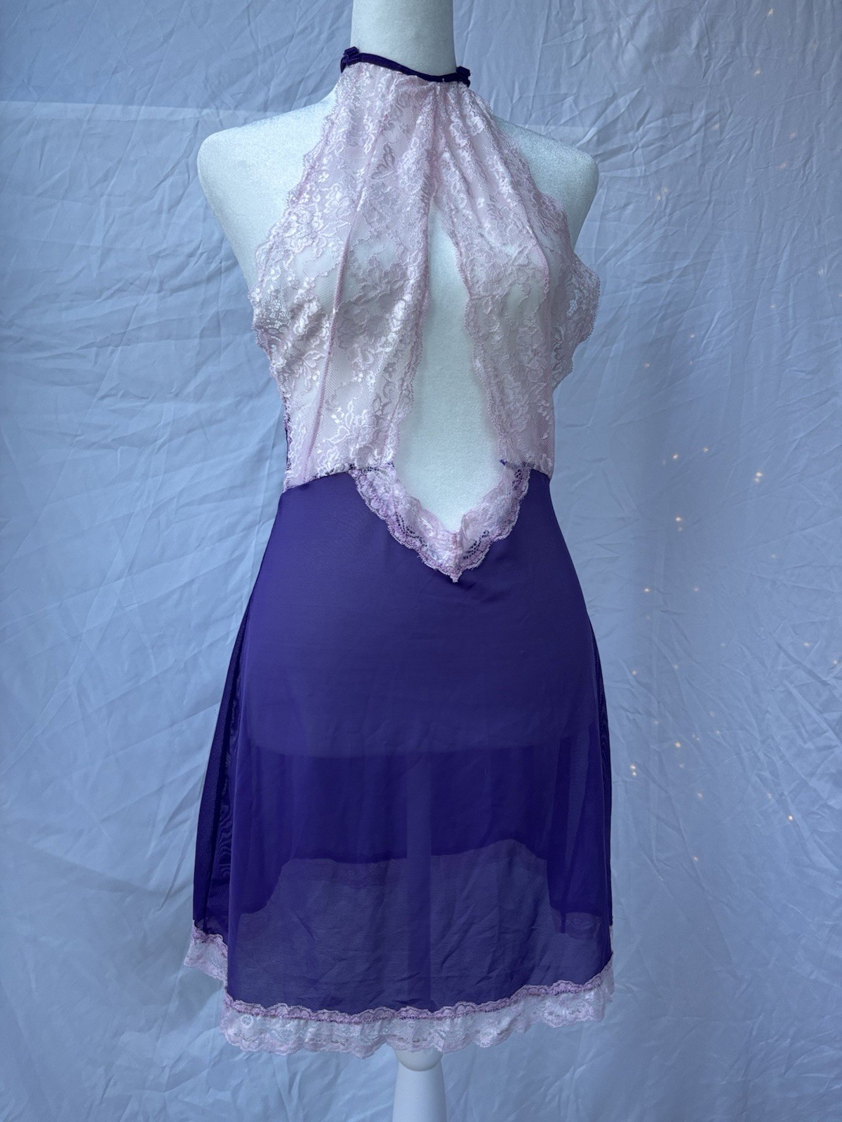 Fairycore Y2k Vintage Purple and Pink Sheer Lace Negligee Dress Size L Large
